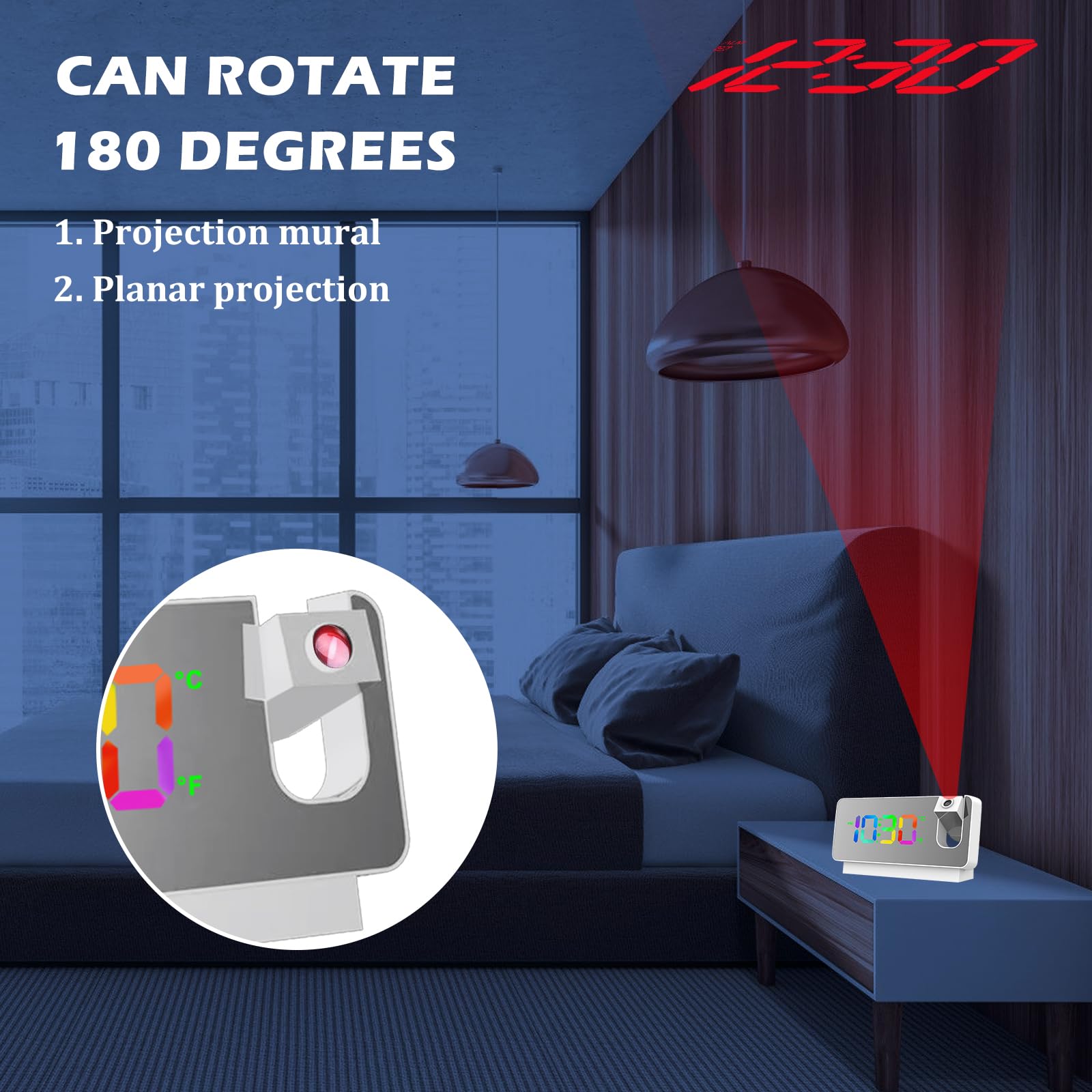 Sveglia Digitale con Proiezione, Sveglia con Proiettore Soffitto a 180°, Orologio Digitale con Temperatura, Data, 12/24 ore, Funzionamento USB, per la Camera da Letto