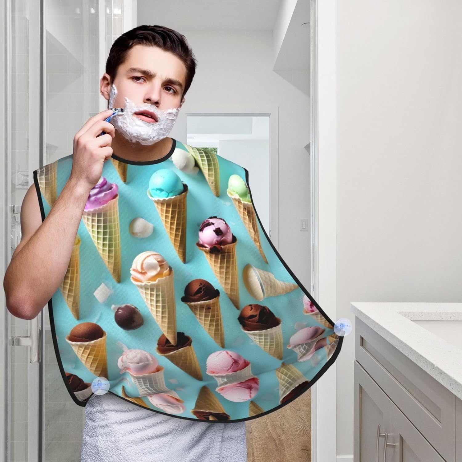 Ice Cream Cones Print Beard Bib Apron, Shaving Apron For Dad, Men'S Hair Catcher For Shaving Best Gifts For Dad