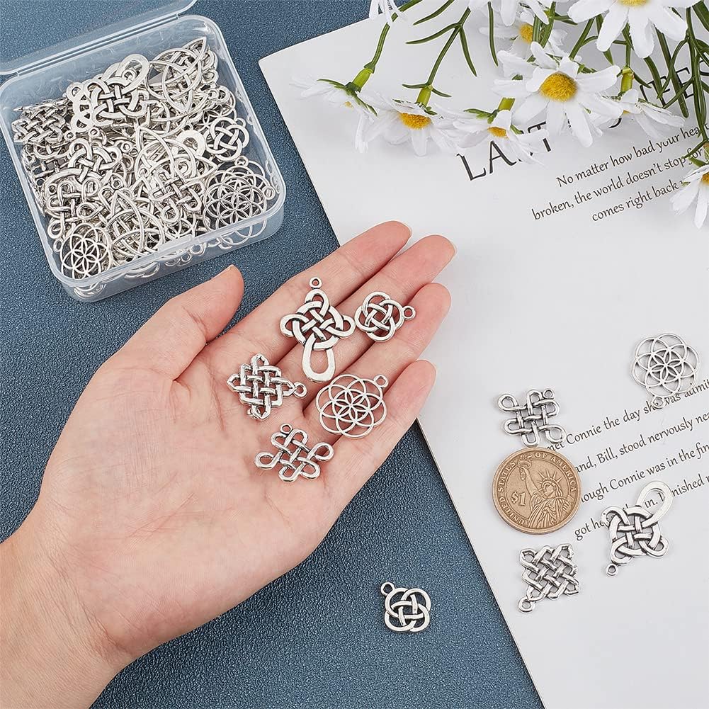 PH PandaHall 60pcs Celticing Knot Charms, 6 Style Cross Charms Beads Irish Traditional Pendants Tibetan Alloy Charms Chinese Knot Pendants Connectors for DIY Bracelet Necklace Jewelry Making New Year