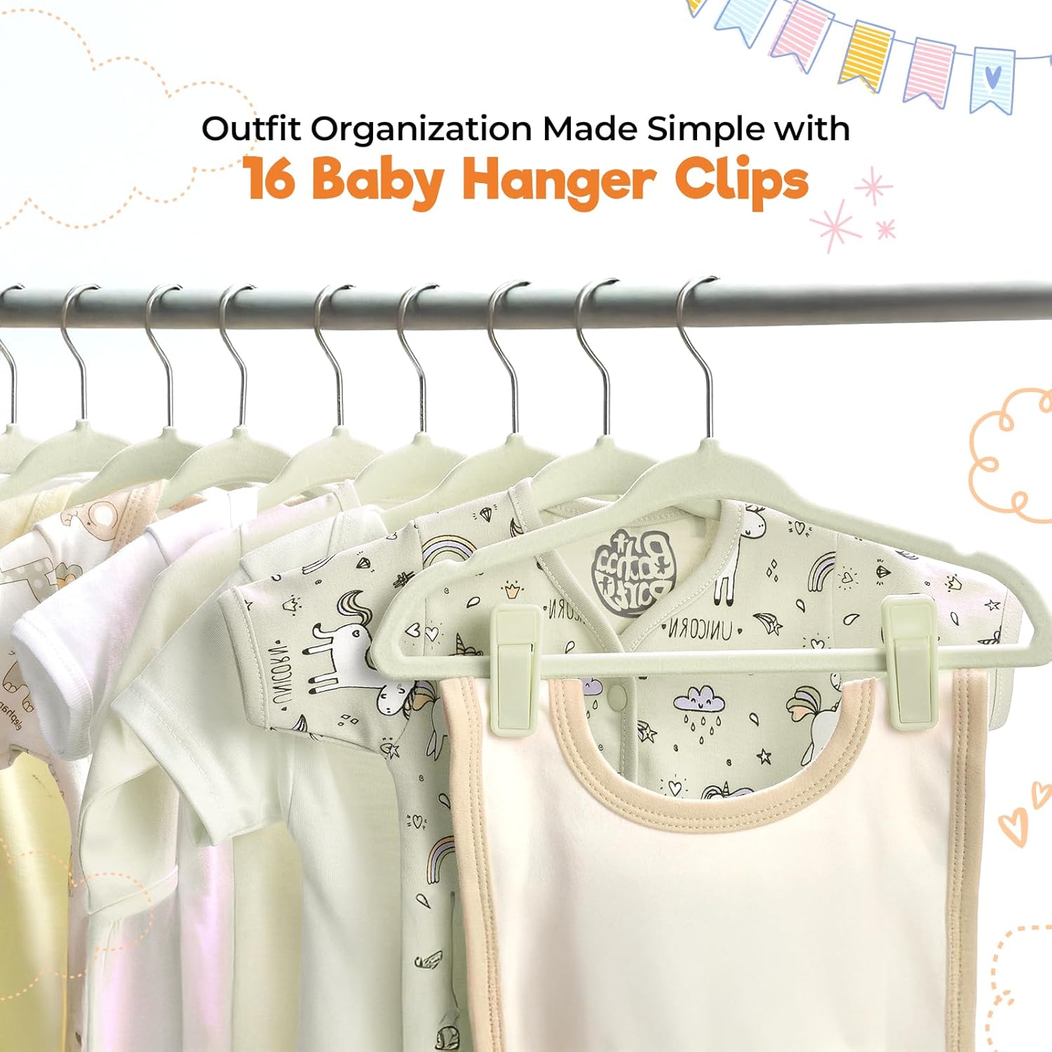 Velvet Baby Hangers with Clips (30 Pack) | 11” Ultra-Slim Baby Clothes Hangers | Non-Slip Felt | Space-Saving Nursery & Infant Closet Organizer | Beige - Image 4
