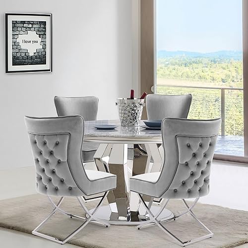 Miniatura 2 de FOREDO Juego de 2 sillas de comedor modernas de terciopelo con patas de acero inoxidable cómodas sillas de comedor tapizadas reales con botones en