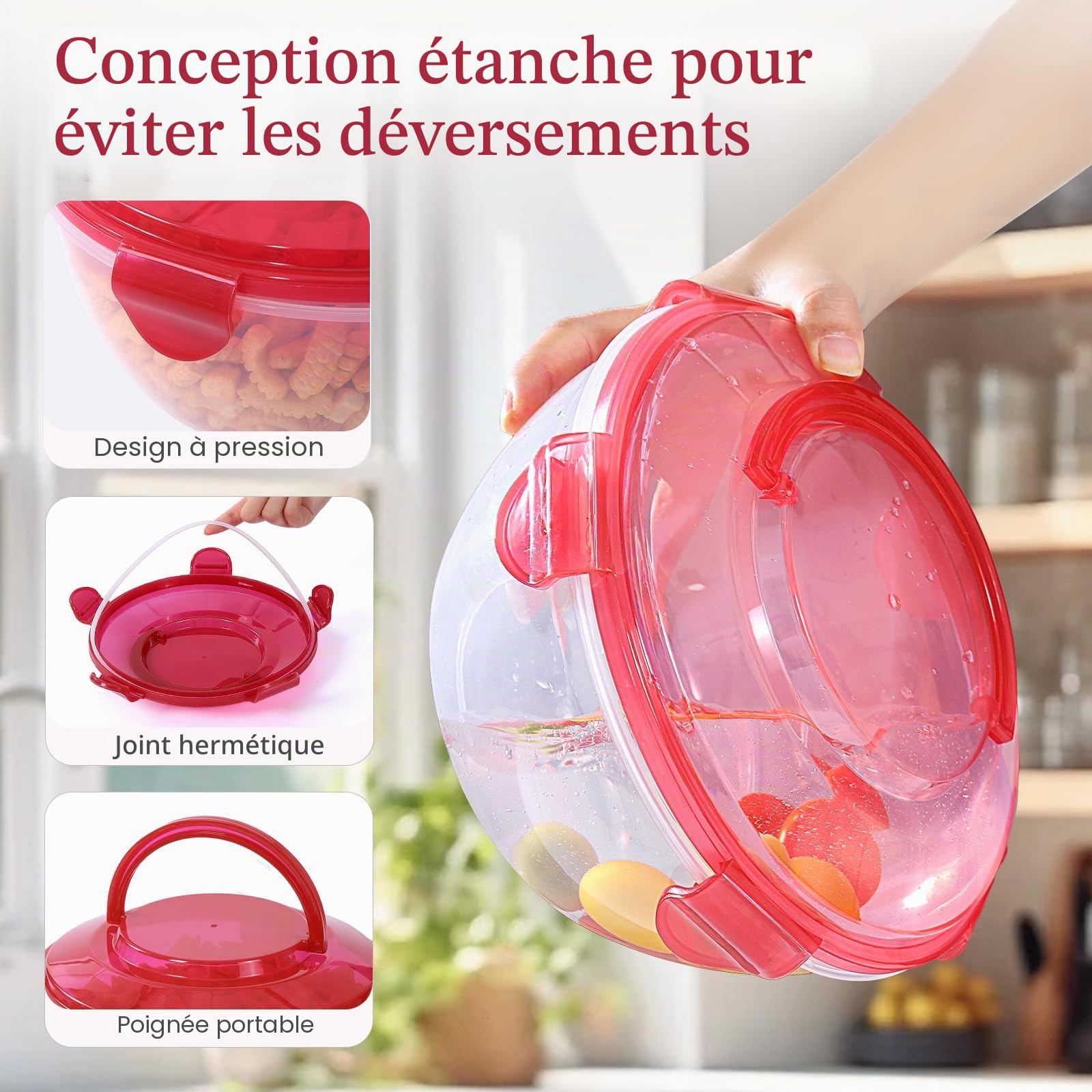 Luxear Lot de 4 Grand Saladier avec Couvercle Hermetique 1L-4,5L, Bol Plastique Reutilisable Bol de Cuisine Portable avec Poignée Sans BPA Boite de Conservation Passent Micro-ondes et Lave-vaisselle