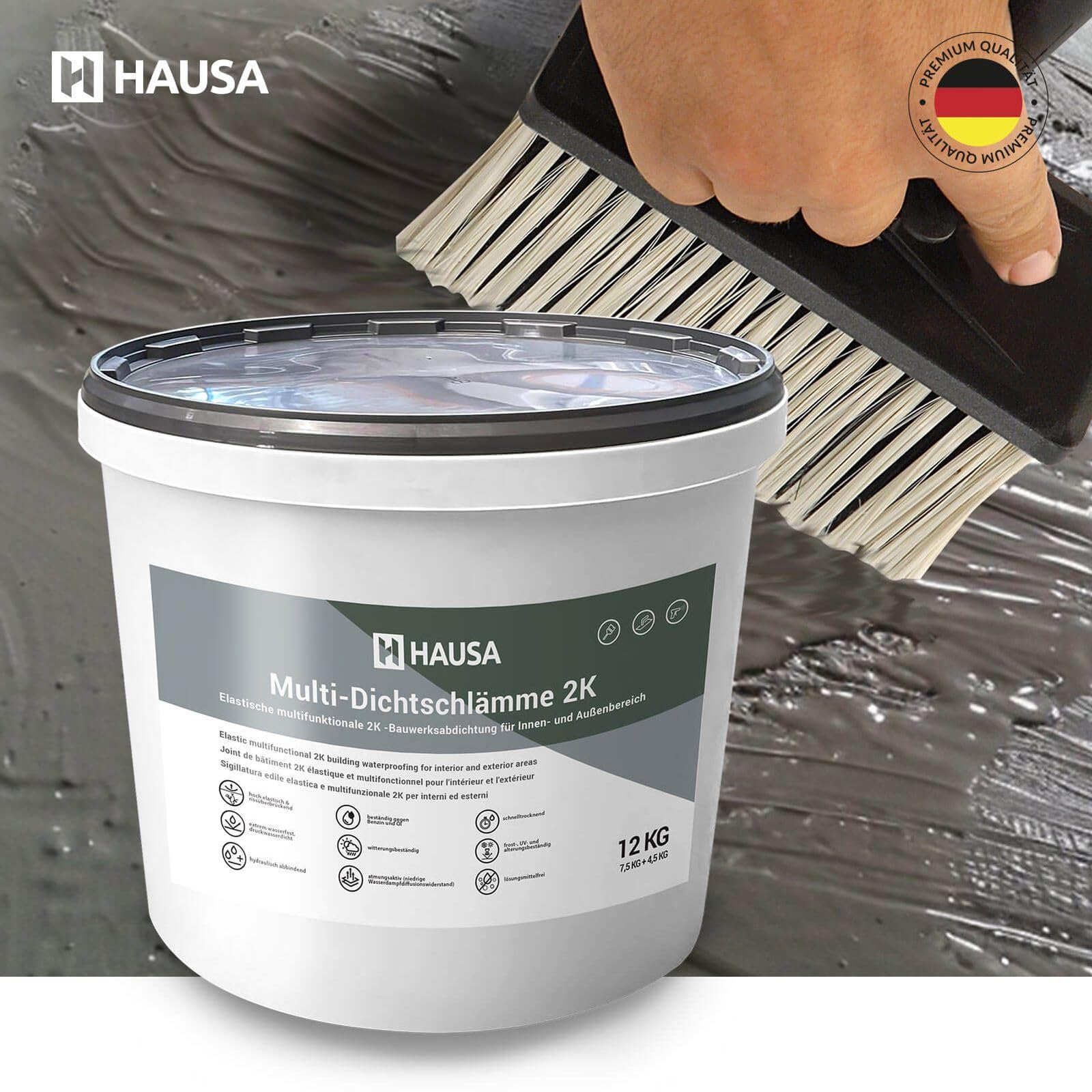 HAUSA Multi-Dichtschlämme 2K 12kg elastische 2K Dichtmasse für Innen- und Außen, Abdichtung von Schwimmbad Pool Betonbecken Balkon Terrasse Bad Keller Dusche, druckwasserdicht lösungsmittelfrei