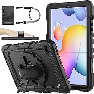 SEYMAC stock Case for Samsung Galaxy Tab S6 Lite 10.4'' 2020/2022 with Screen Protector Pencil Holder [360 Rotating Hand Strap] &Stand Drop-Proof Case, Black