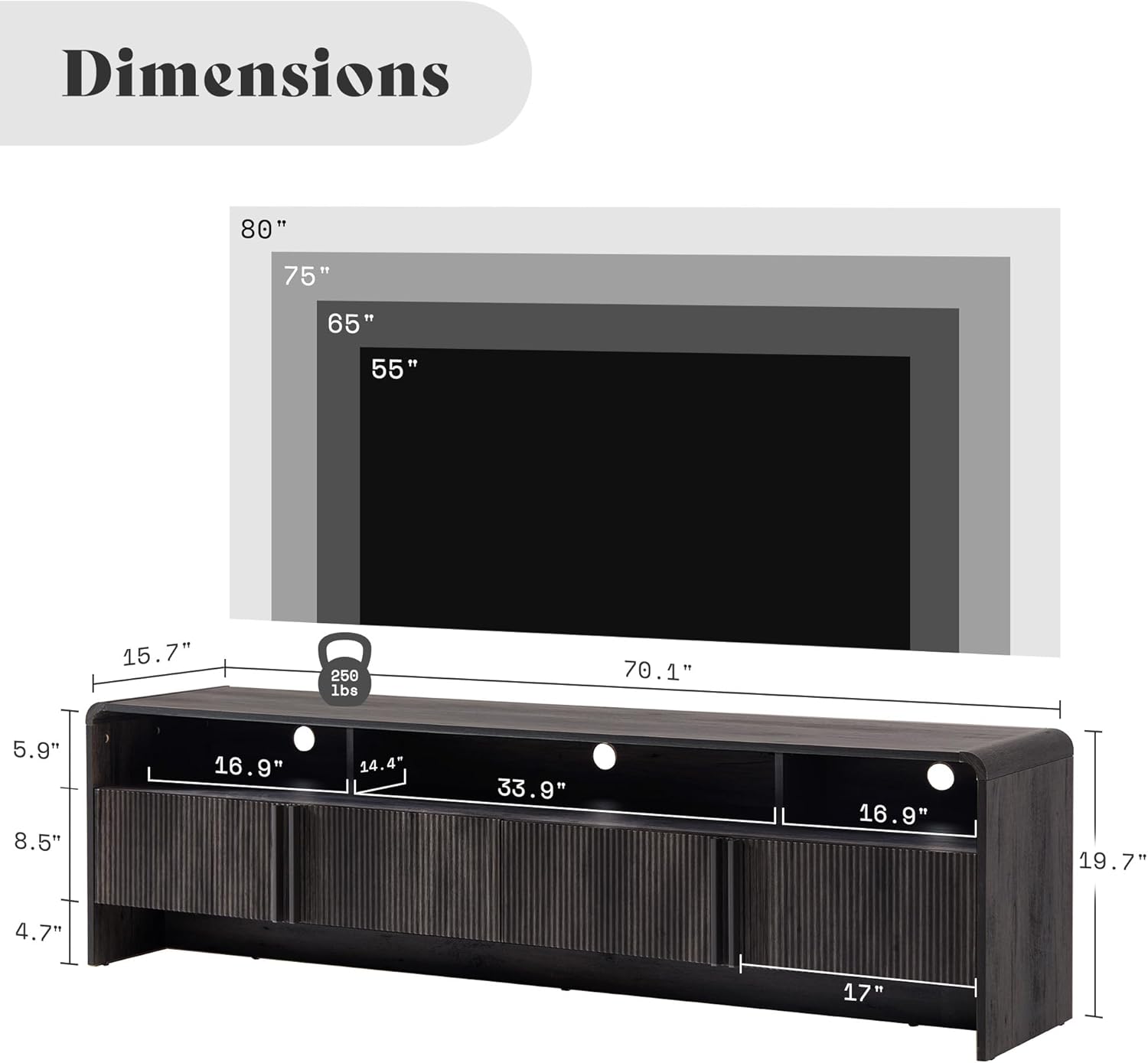 AMERLIFE Modern TV Stand for TVs up to 80", 70 inch Fluted TV Console with Storage Cabinets, Wood Entertainment Center Media Console for Living Room, Black
