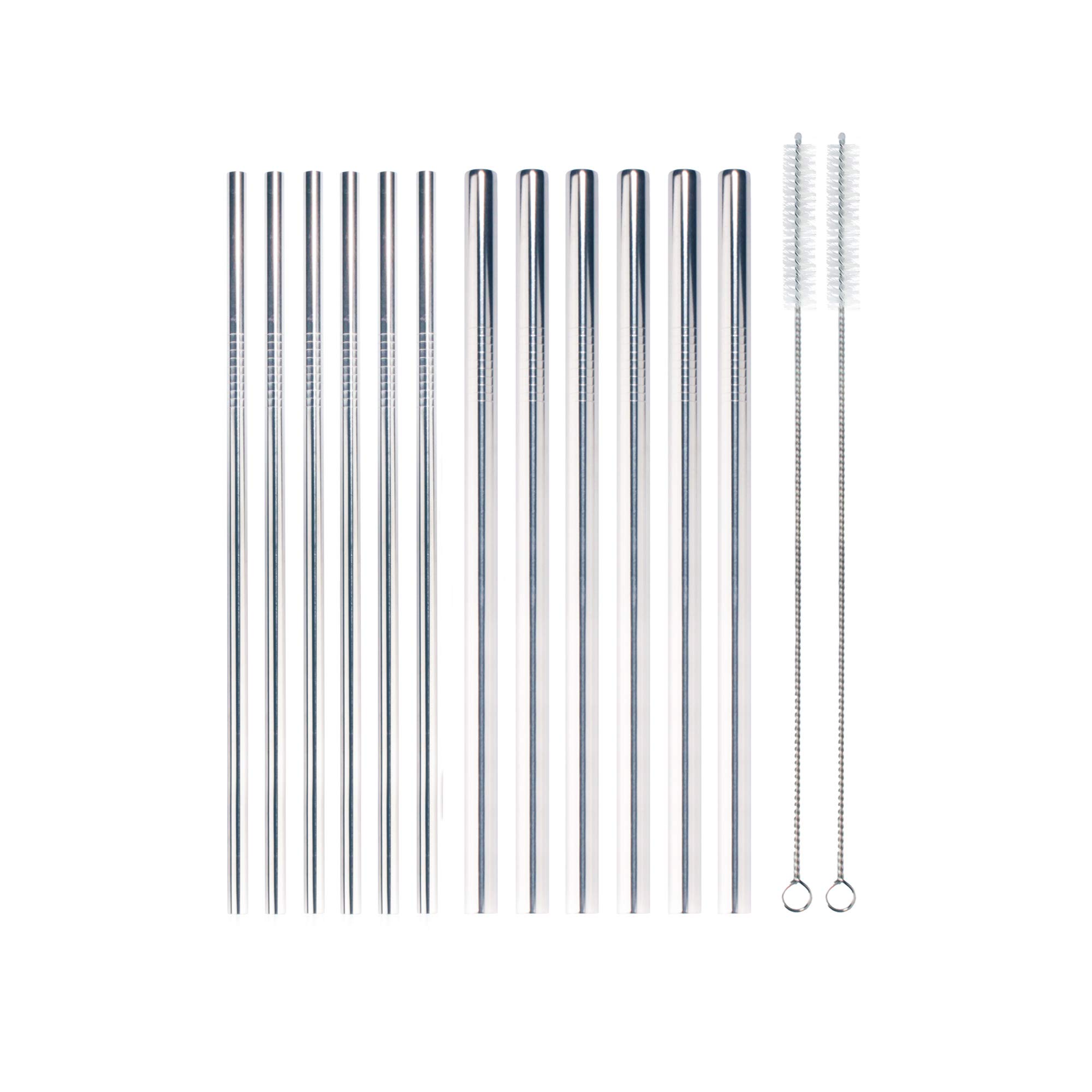 BambooMN Reusable Stainless Steel Metal Drinking Straws - 8.5" (6 Thin Straight/6 Thick Straight Straws) w/ 2x Cleaning Brushes - 12 Pack