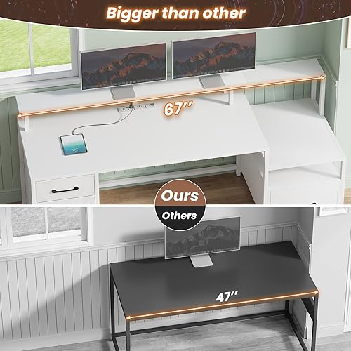 Miniatura 5 de SEDETA Escritorio blanco para computadora con 5 cajones y toma de corriente, escritorio de oficina en casa de 66 pulgadas con cajón de archivos,