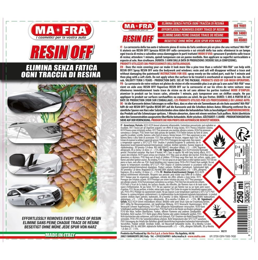 Elimina Resina Auto Senza Graffi Kit 3 Resin Off Ma-Fra Spray Rimuove E Salsedine Da Carrozzeria Vetri, 3x250 Ml