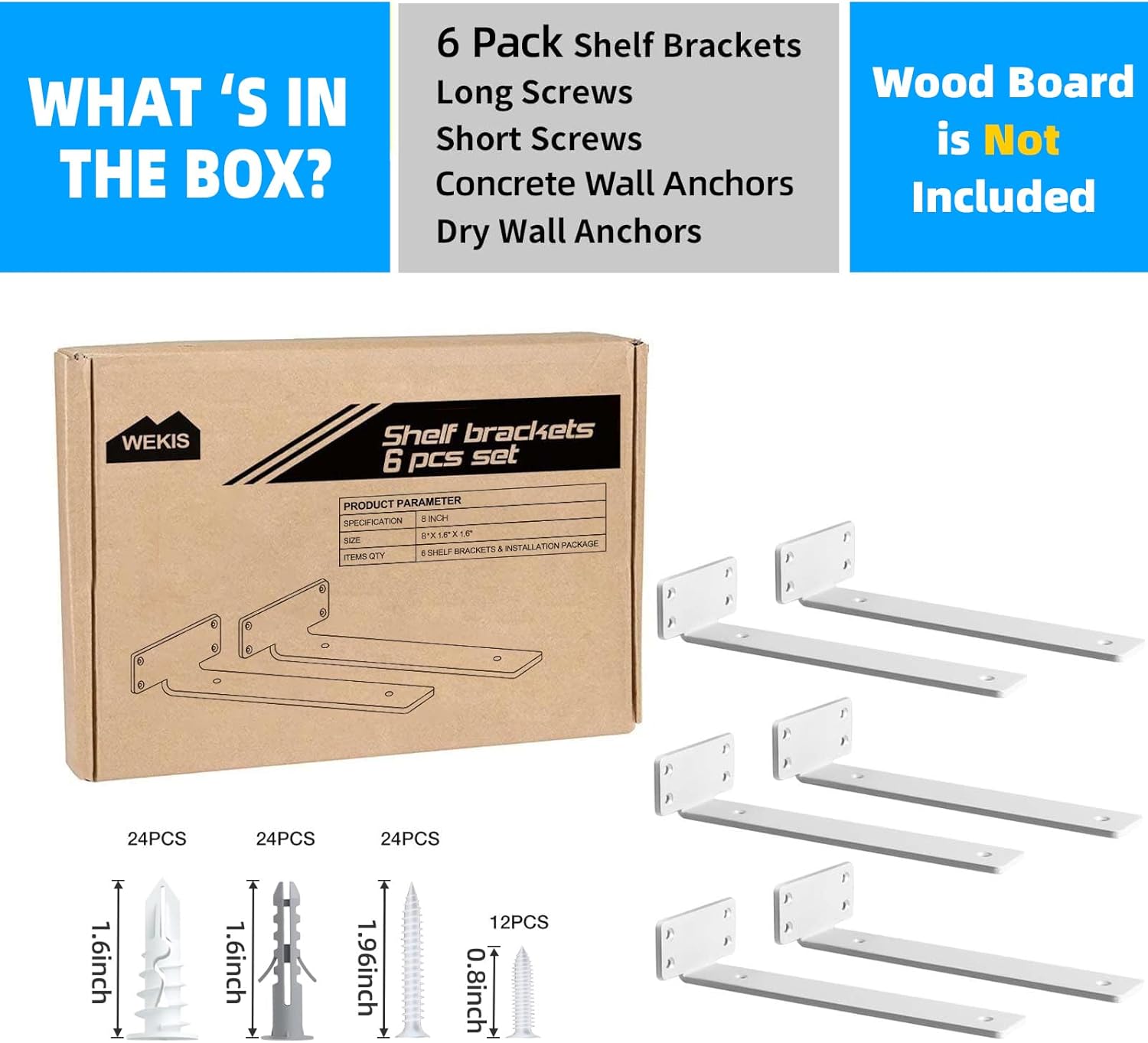 Shelf Brackets, Heavy Duty Floating Shelf Brackets 8-Inch Long, 6-Pack Brackets for Shelves, Matte White L Hidden Metal Wall Shelf Support Shelving Brackets, 1/5-Inch Thick 160 lb. Load Capacity