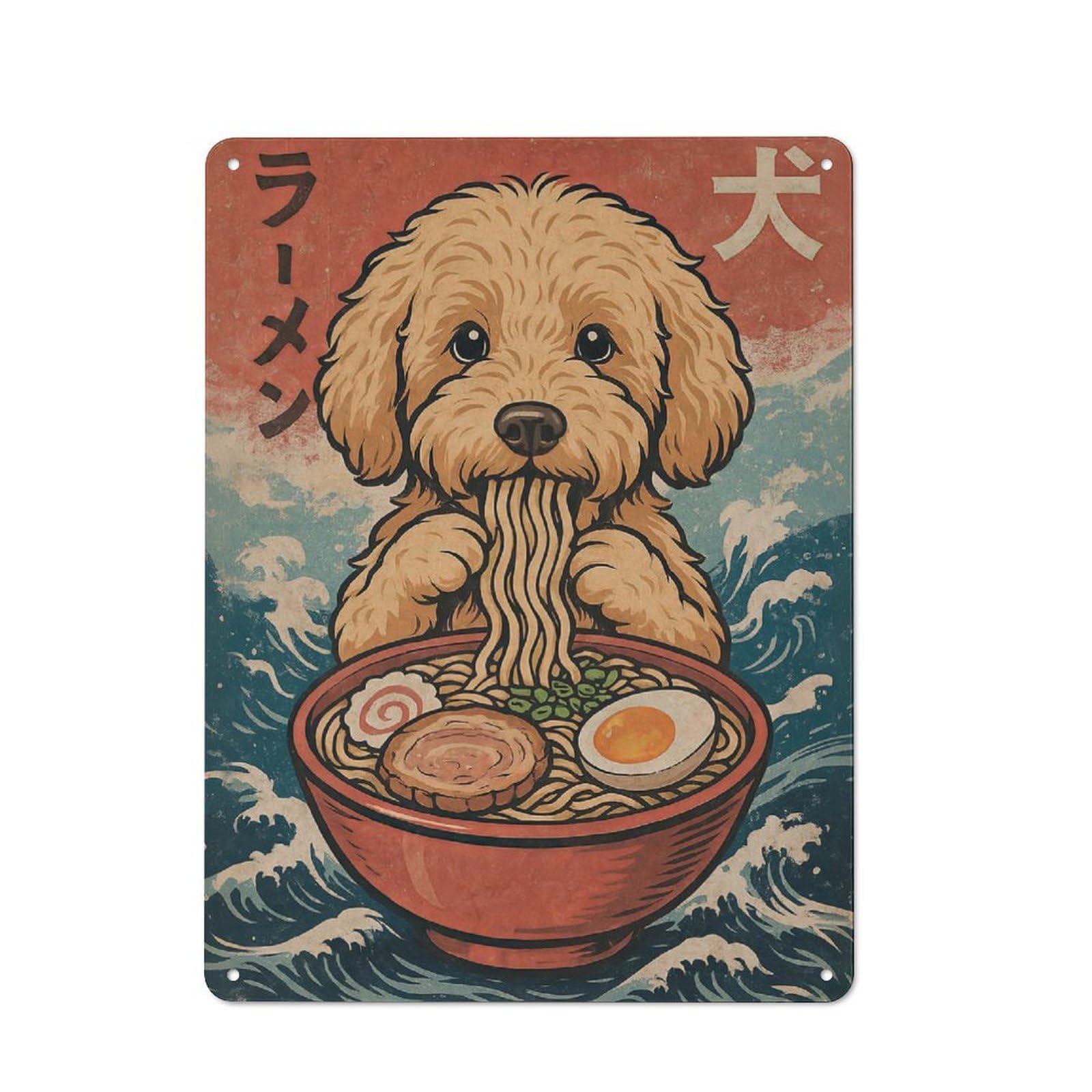 Junmoney Style-15 Goldendoodle Eating Ramen Tin Wall Plaque 40X30cm, Rustic Cottage Wall Art For Dining Room, Cafe, Entryway Or Family Room