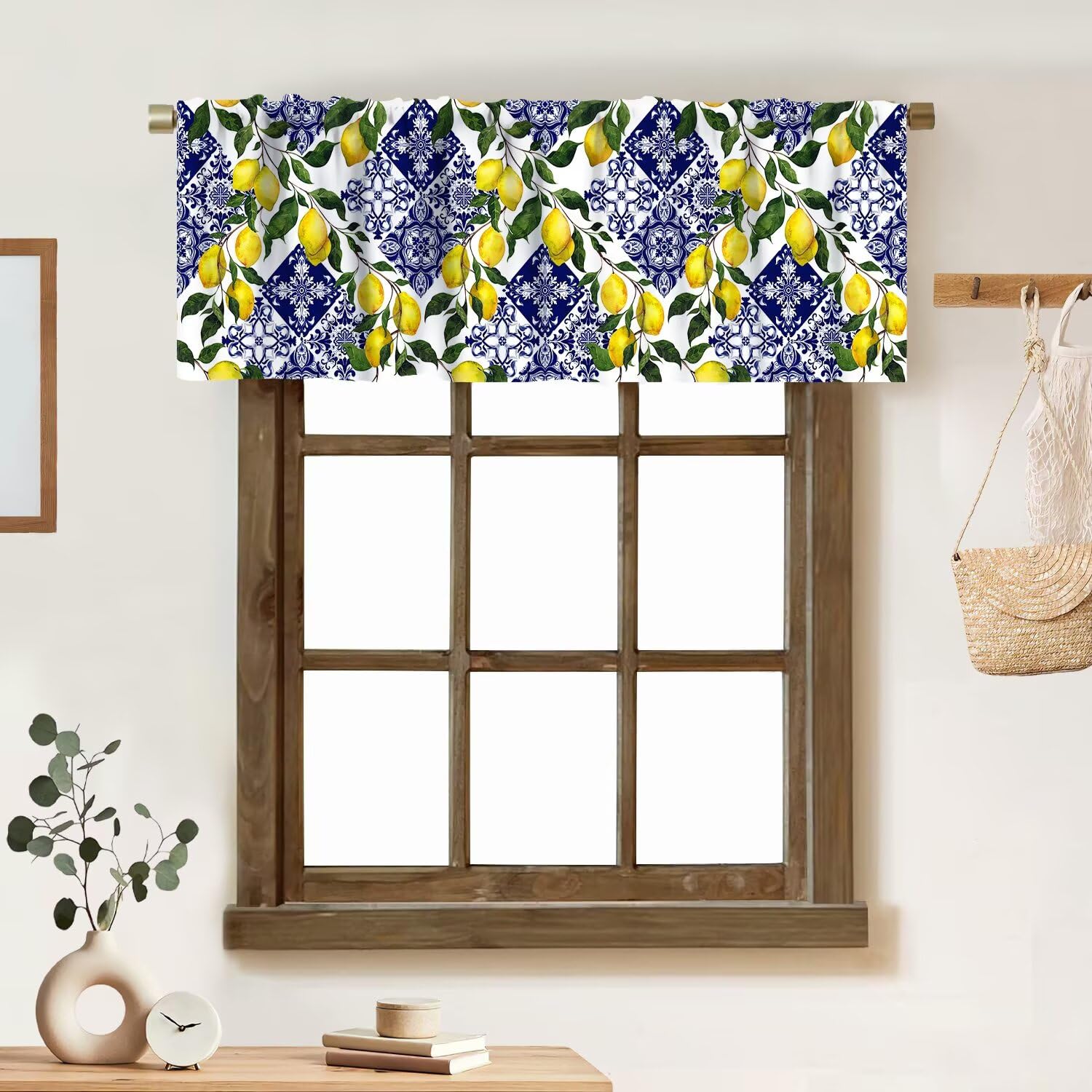 ZhiRain Blue Tiles Lemon Valance Curtain Summer Fruit Chic Rod Pocket Valance Window Treatments Short Curtains for Kitchen Farmhouse Living Room
