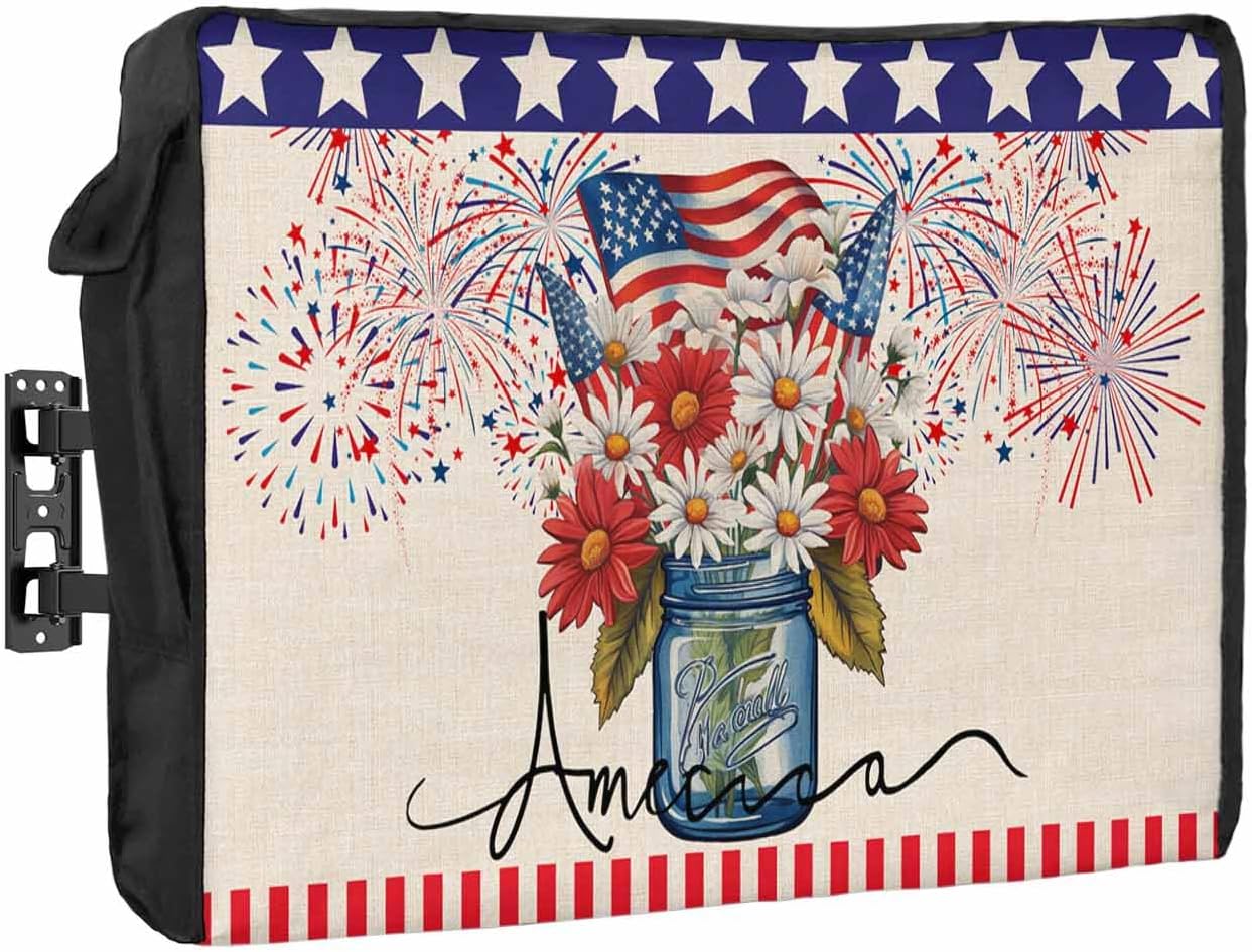 4th of July Outdoor TV Cover 75 Inch American Flag Patriotic TV Enclosure Independence Day Memorial Flower Wood Grain TV Covers for Outside TV Display Screen Protector with Remote Control Pocket