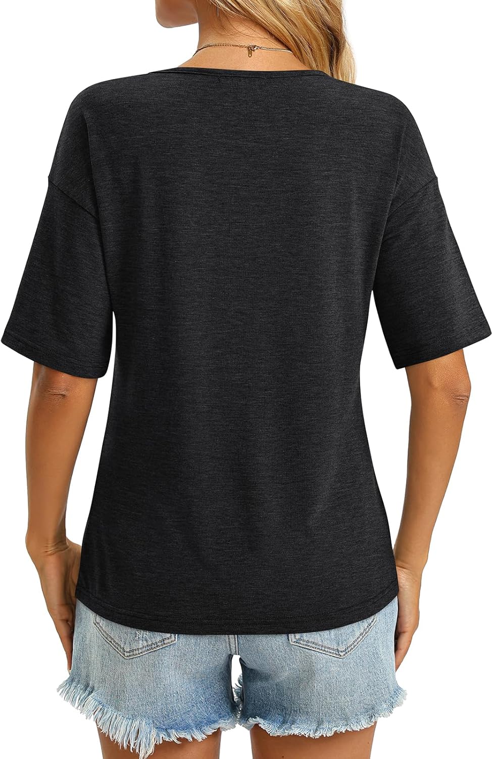 Women's V Neck Tops Elbow Length Shirts Loose Fit Summer Tops Basic Tees - Image 5