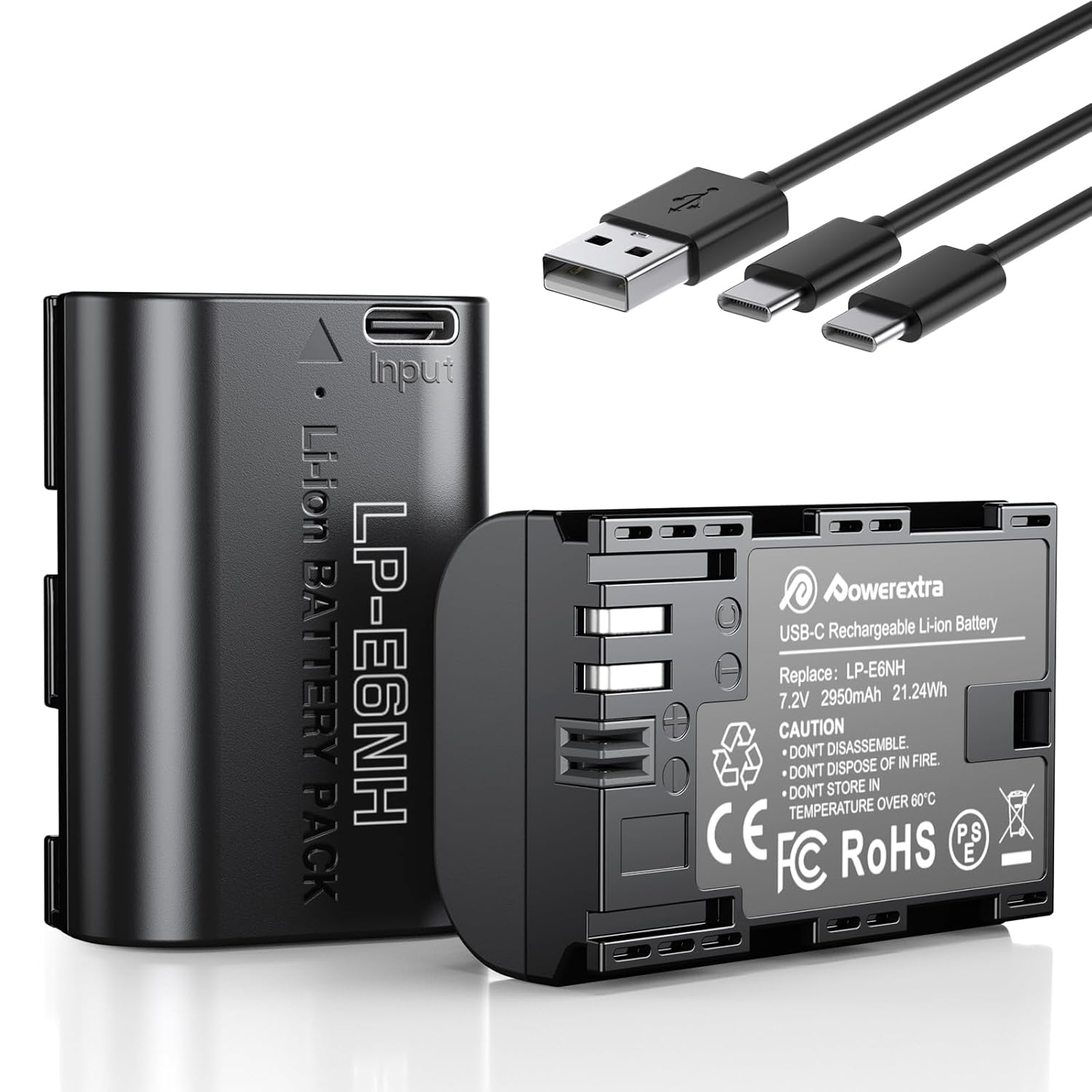 Powerextra LP-E6NH 2950mAh Battery Compatible with Canon EOS R7 R6 R5 60D 70D 80D 90D 5D 5Ds 6D 7D Mark II III IV Camer, 2-Pack Type-C Direct Charging Port Battery