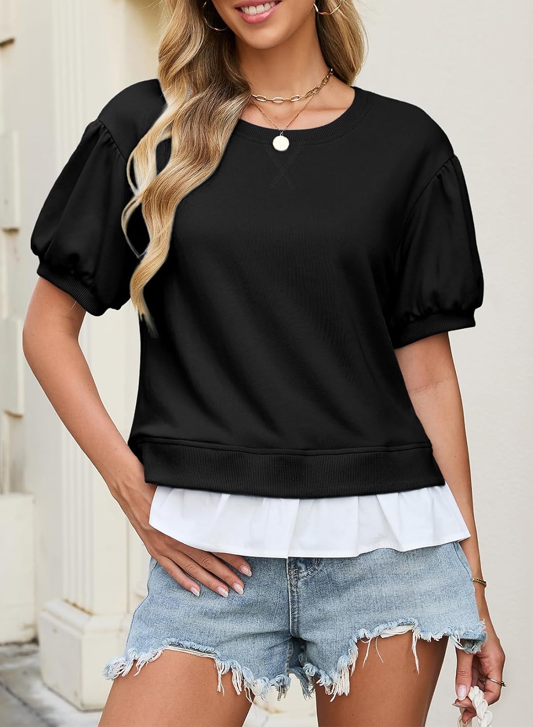 Dokotoo Women's Summer Tops Cute Short Sleeve Crewneck Sweatshirts Tops Casual Blouses Shirts - Image 2