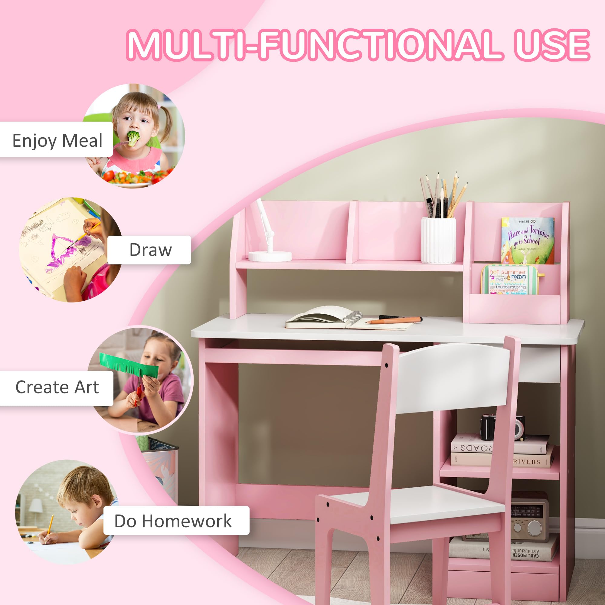 ZONEKIZ Set di scrivania e sedia per bambini 2 pezzi con cassetto per tastiera, rosa