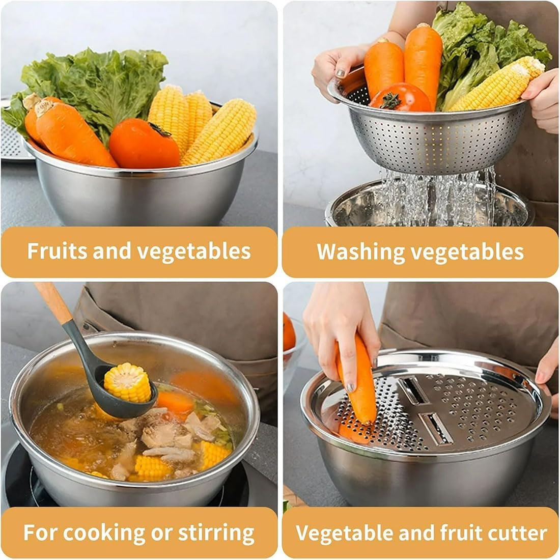 German Quality 3-in-1 Stainless Steel Grater Bowl, Germany Multifunctional Stainless Steel Basin with Strainer & Colander, Mixing Bowls Stainless Steel Set for Kitchen (S+M+L(3Pcs))