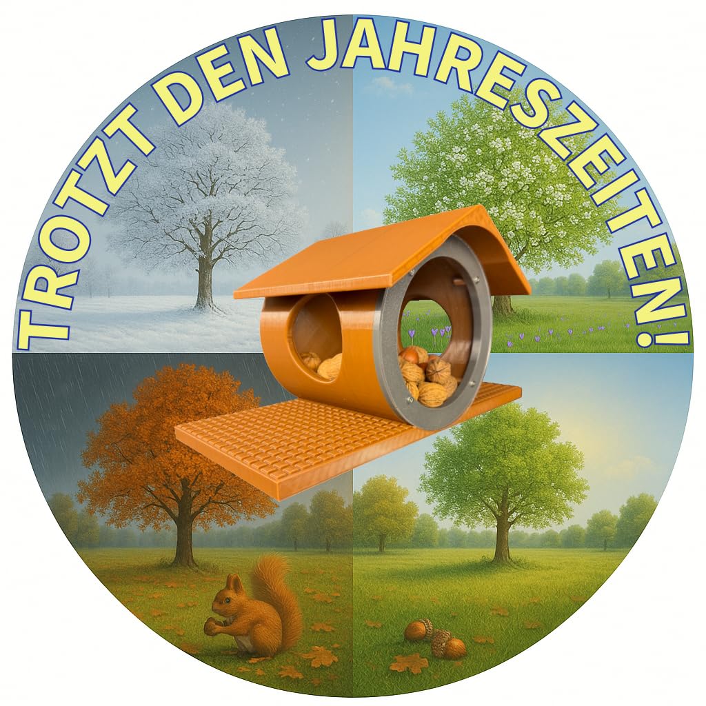 Eichhörnchen-Futterhaus mit seitlichen Rundöffnungen – leicht zu reinigen Dank herausnehmbarer Kartusche (Braun, mit grauem Frontring)