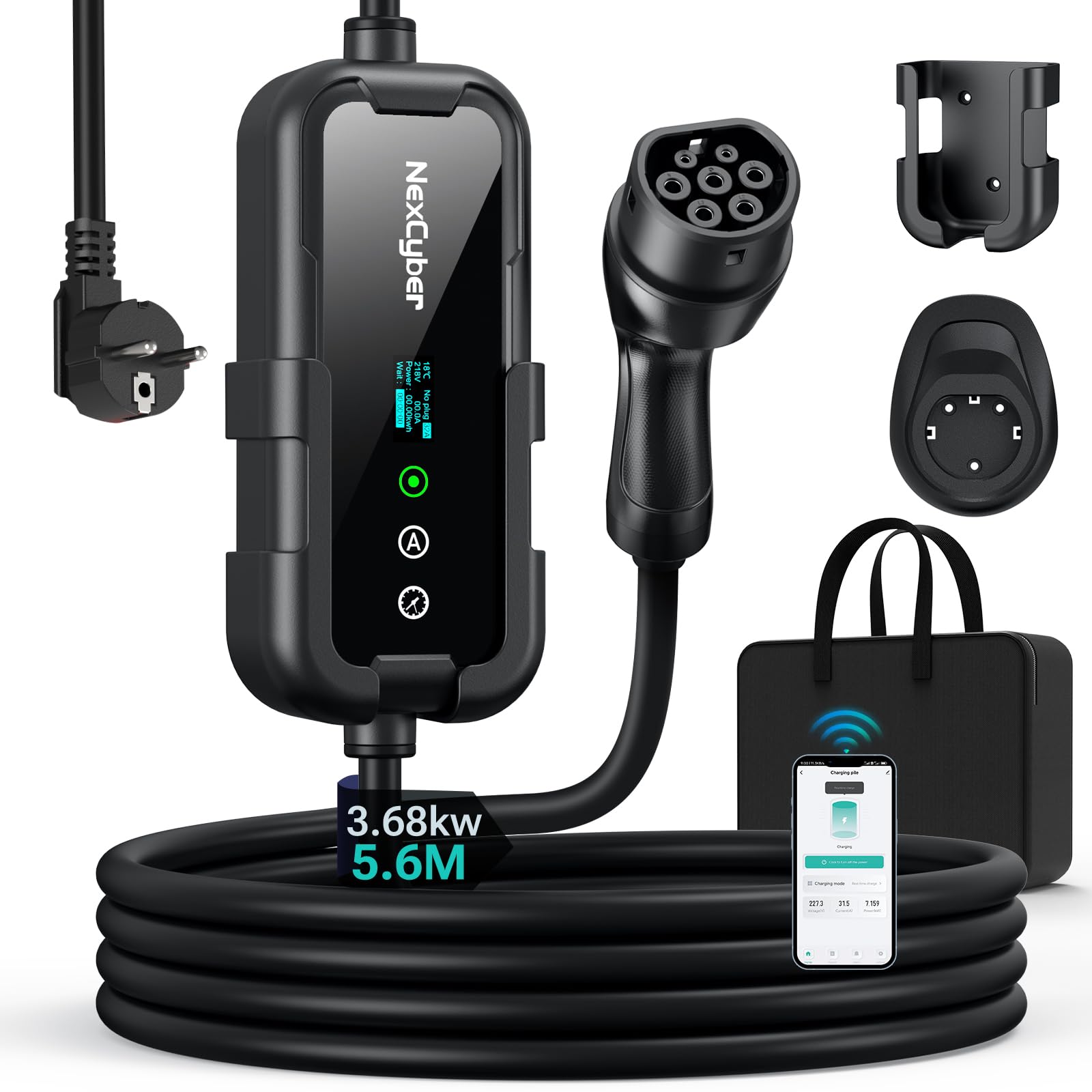 NexCyber Mobile Wallbox 3,68kW mit App & OLED 8-16A einst einphasig 230V, 5,6m CEE 20A 2-polig IP66+FI, Ladegerät Typ 2, Wandmontage & tragbar, EV Charger für Model 3/Y, ID.3, u.a. BEV/PHEV