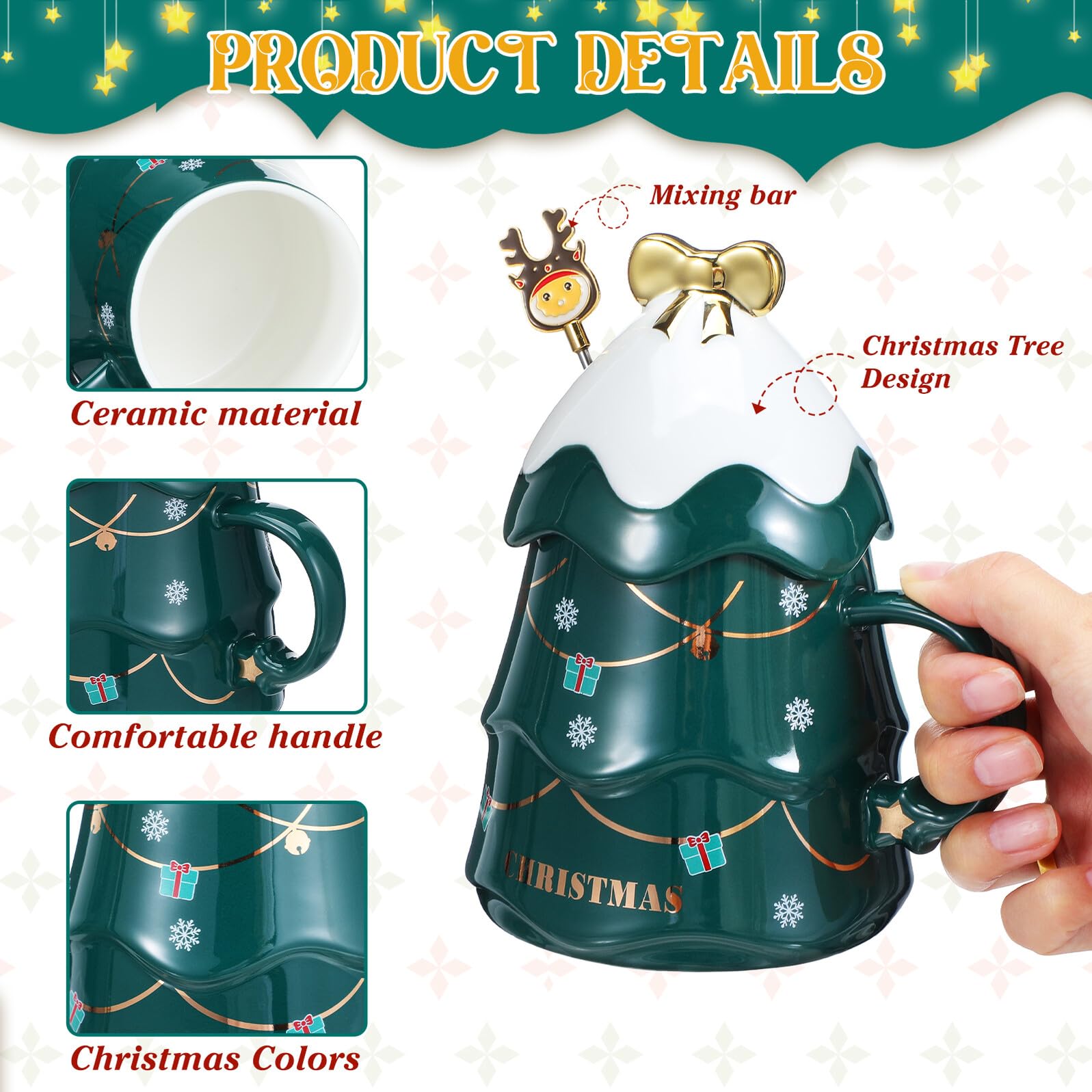 VANZACK Taza de Cerámica Navideña Diseño Árbol de Navidad Color Verde Tapa y Cuchara Taza de Café para Hogar y Oficina Obsequio de Navidad 1 Pieza