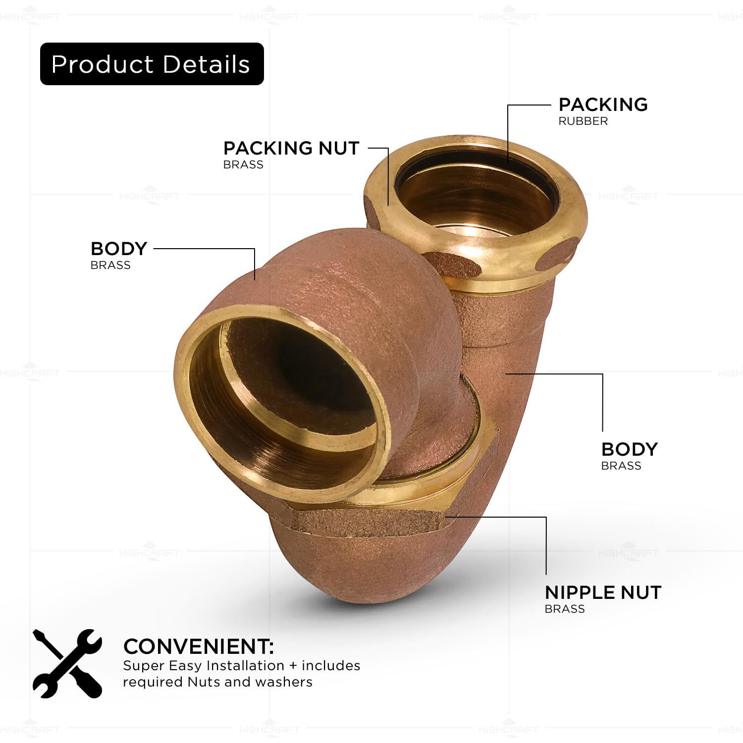 Highcraft Sifone in ottone modello LA 1-1/2 "SWT x 1/-1/2" sifone per lavandino del lavello, sifone in ottone per lavello da bagno, lavello da cucina, applicazioni di scarico tubolari per lavello da