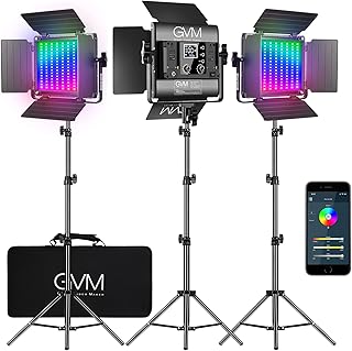 GVM LED Video Lights RGB Studio Video Lights with App Control CRI 97+ Dimmable 3200K-5600K LED Video Light with Light Stand Kit for YouTube Studio, Photography, Video Light (Pack of 3)