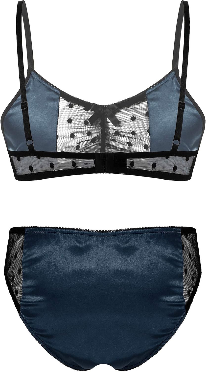 Freebily Men's Shiny Satin Lingerie Sets Sissy Mesh Patchwork Bra Tops with Briefs Panties