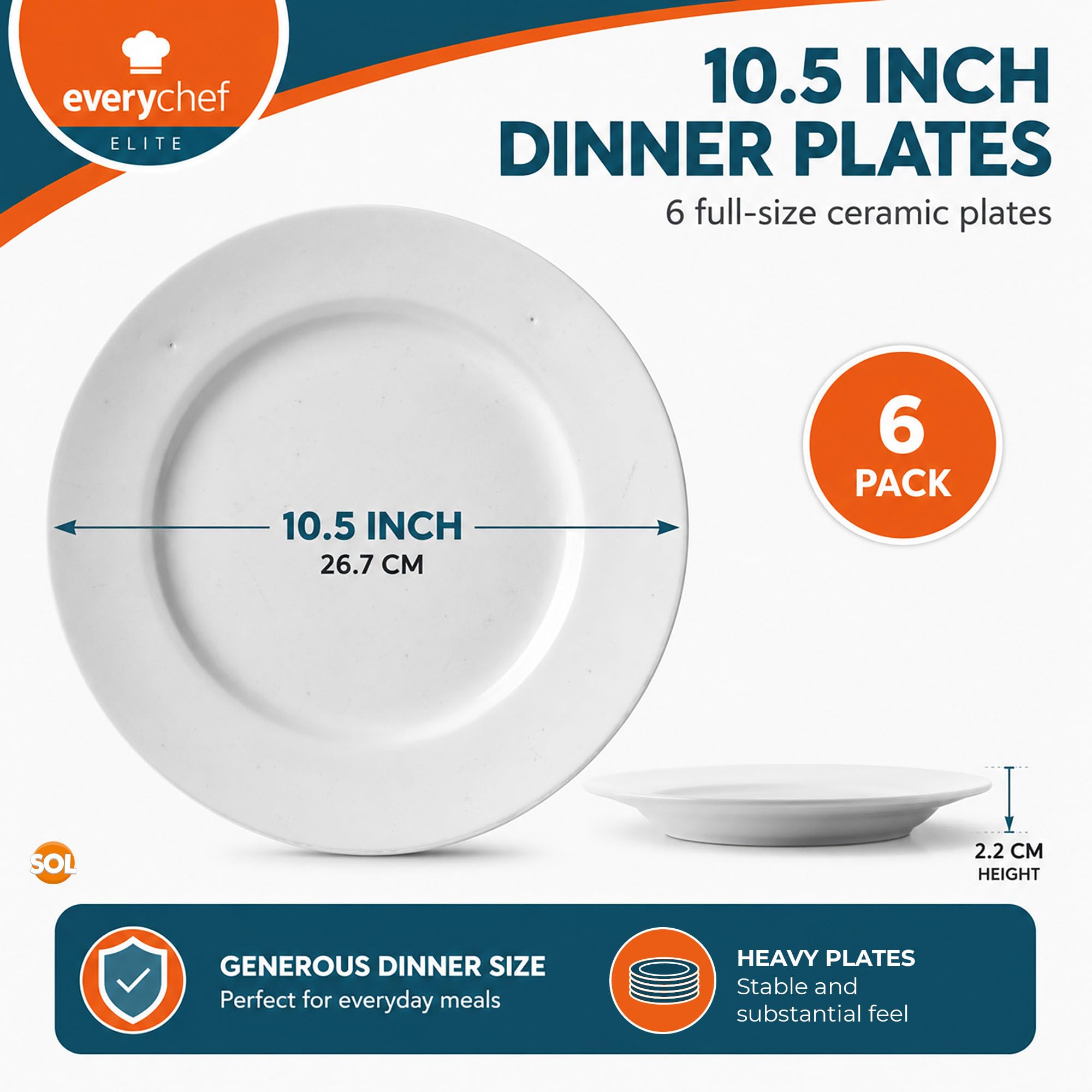 Lot de 6 assiettes en céramique blanche de 26,7 cm
