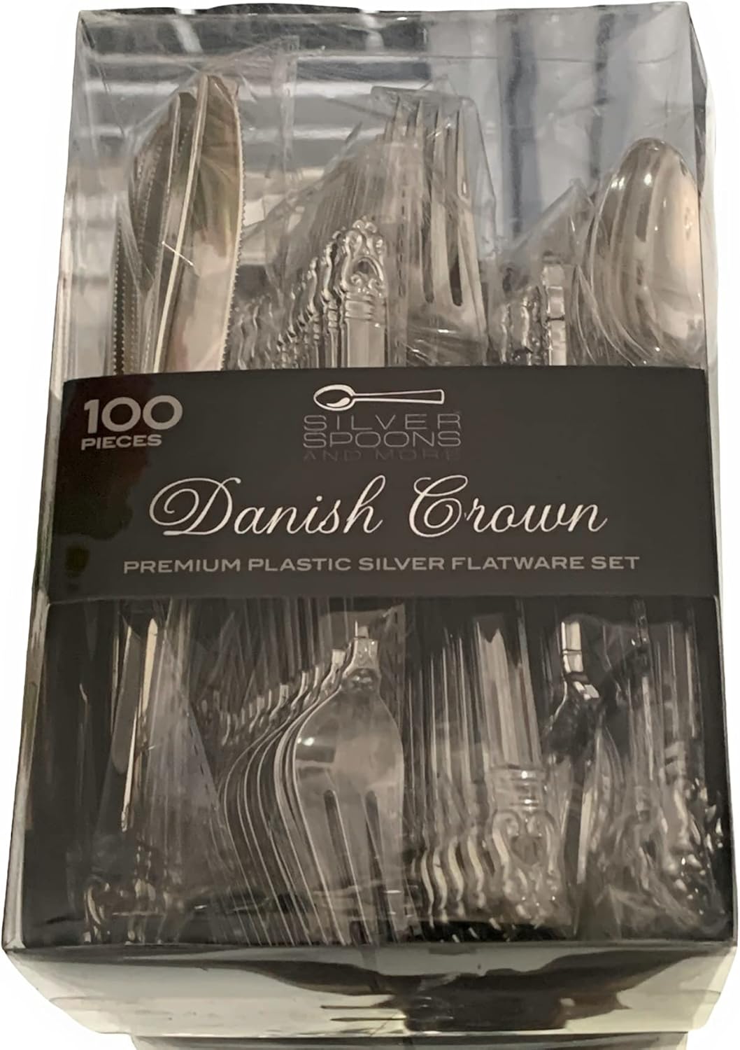 DANISH CROWN DISPOSABLE SILVERWARE SET | Heavy Duty Plastic Cutlery | 100 pc Set | 20 Dinner Forks, 20 Dessert Forks, 20 Knives, 20 Soup Spoons and 20 Dessert Spoons (Silver)