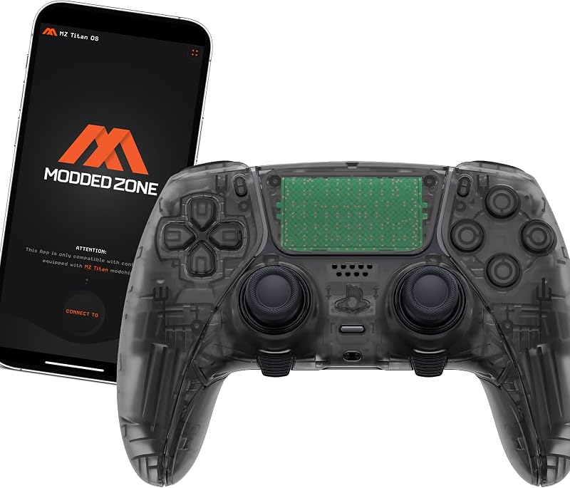 MODDEDZONE Controlador EDGE modificado personalizado para PS5 y PC con modos inteligentes antirretroceso y disparo rápido controlados por aplicación celular - Aumente el rendimiento y gane con un controlador inalámbrico de diseño único Negro transparente