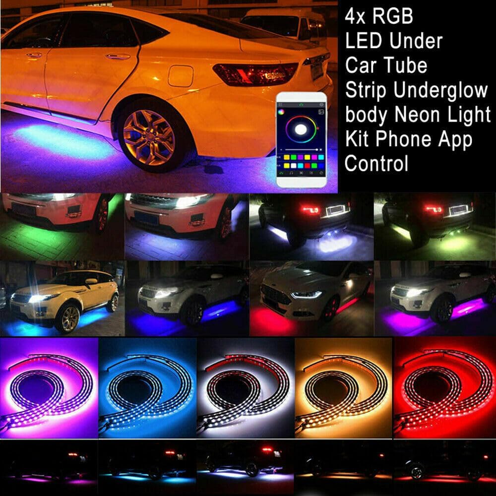 Car LED Strip Lights, 4 Rolls Waterproof Underbody Lighting Kit with 15 Dynamic Modes, 12V IP67 Flexible LED Strip Lights for Trucks, Cars, SUV, Motorcycle