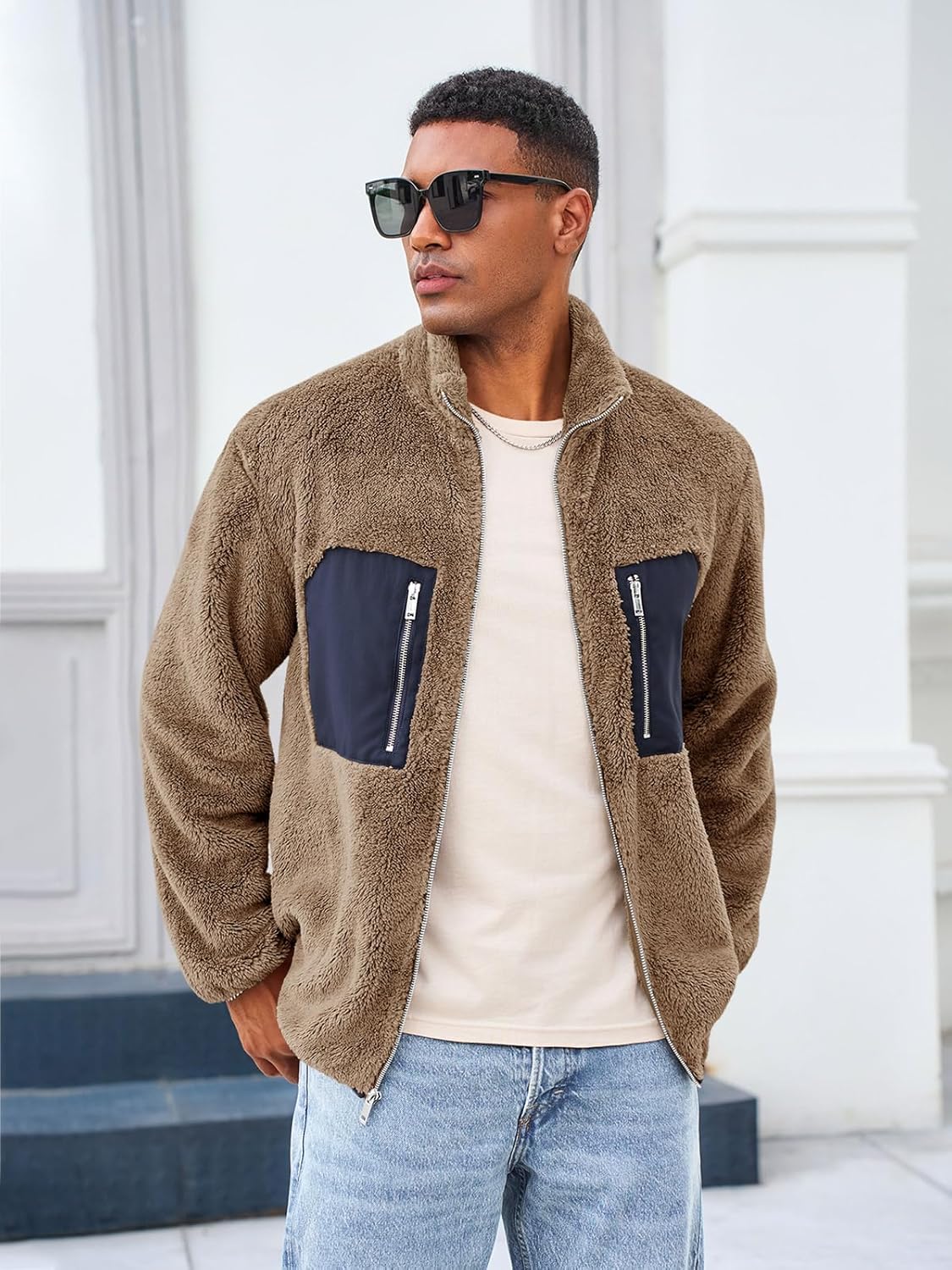 Yousify Mens Fuzzy Sherpa Jacket Casual Fleece Full Zip Stand Collar Coat Fall Winter Warm Outwear - Image 3