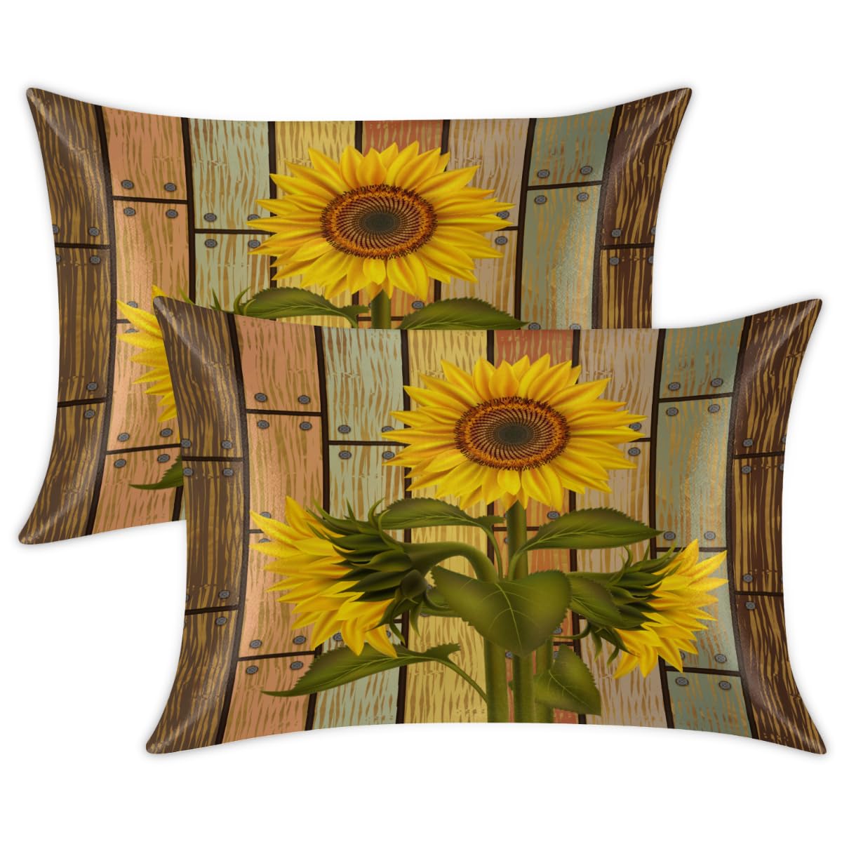 Confezione da 2 federe in raso con girasole in legno, per capelli e pelle, con chiusura a busta, super morbide, resistenti alle pieghe, resistenti alle macchie, 50,8 x 101,6 cm