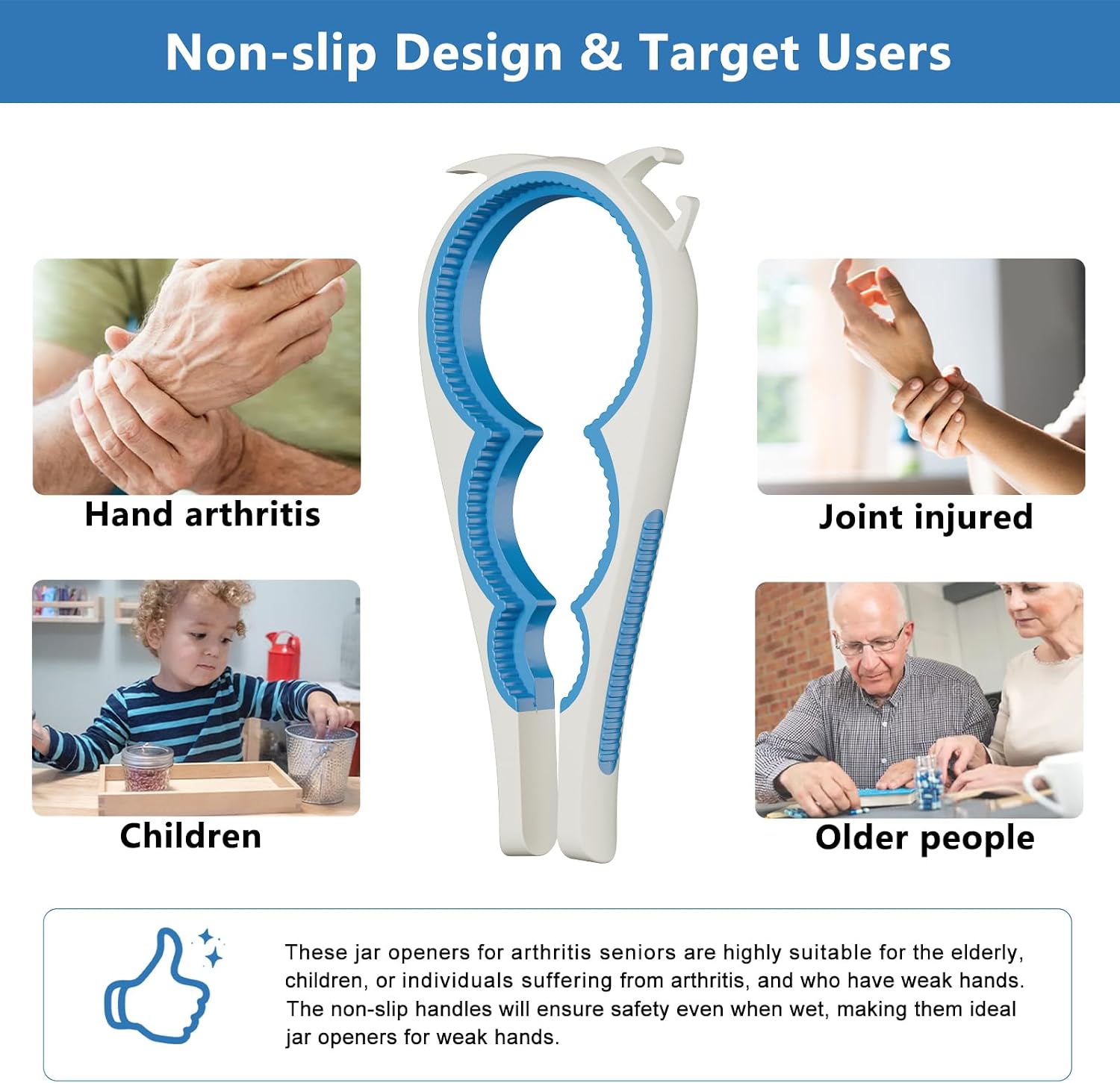 2 Pack, 5-in-1 Jar Openers for Weak Hands, Multi Function Jar Openers For Arthritis Seniors, with Durable Non Slip Rubber and Jar Opener Gripper Easy to Use (Blue+White)