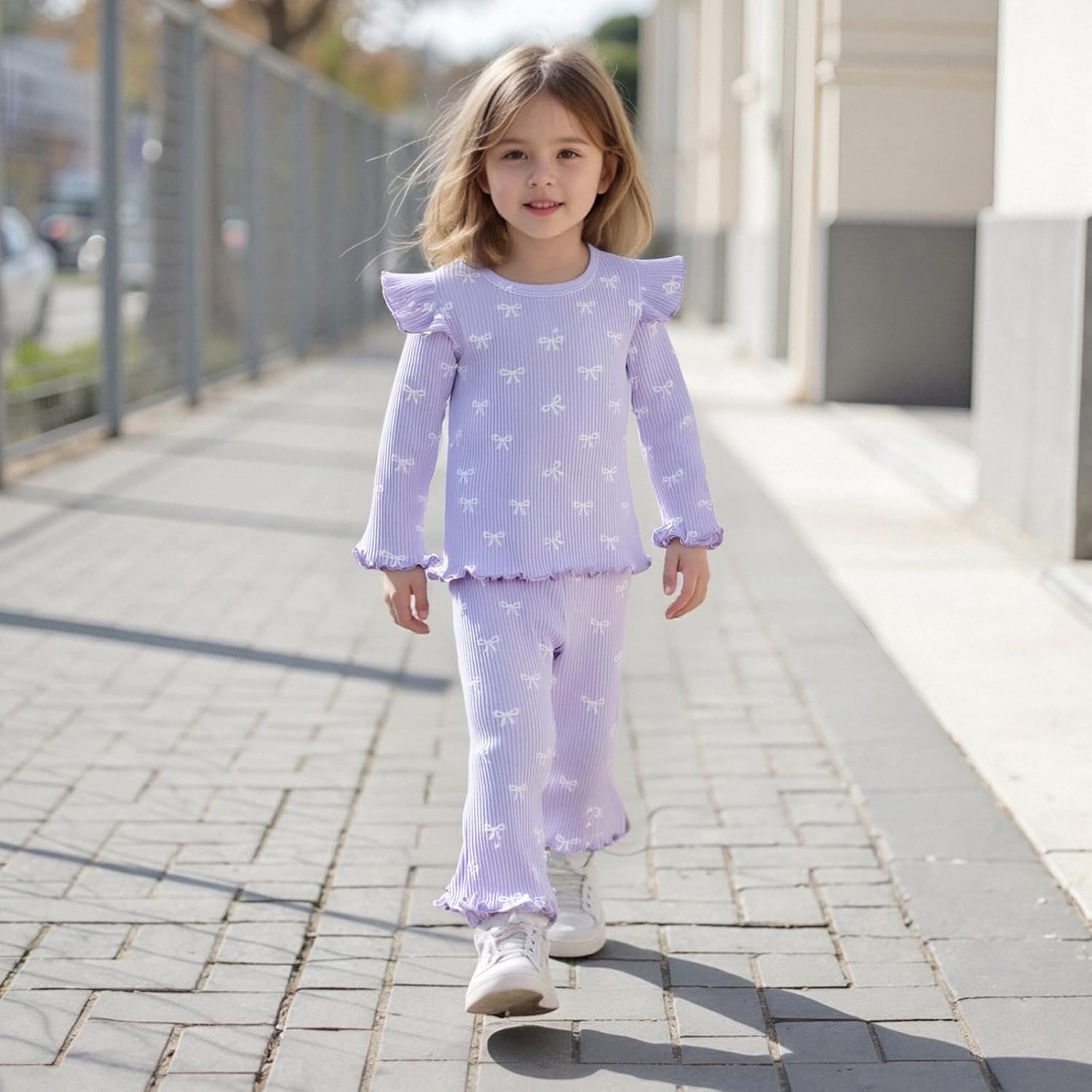 Toddler Baby Girl Fall Clothes Bow Print Ruffle Long Sleeve Round Neck Top Elastic Flare Pants Winter Outfit
