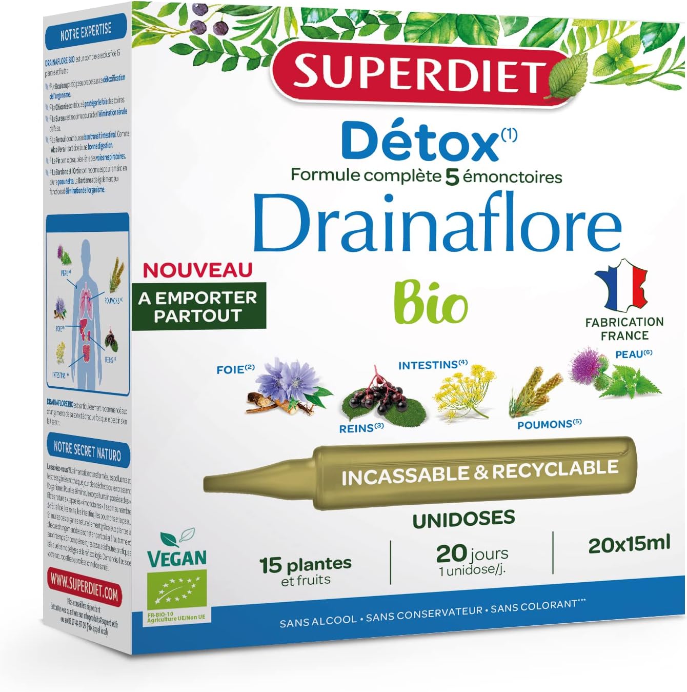 SUPERDIET – DRAINAFLORE ORGANIC – Complete detoxification program for the 5 emunctories – Made in France -Portable format-20 Unidoses of 15 ml