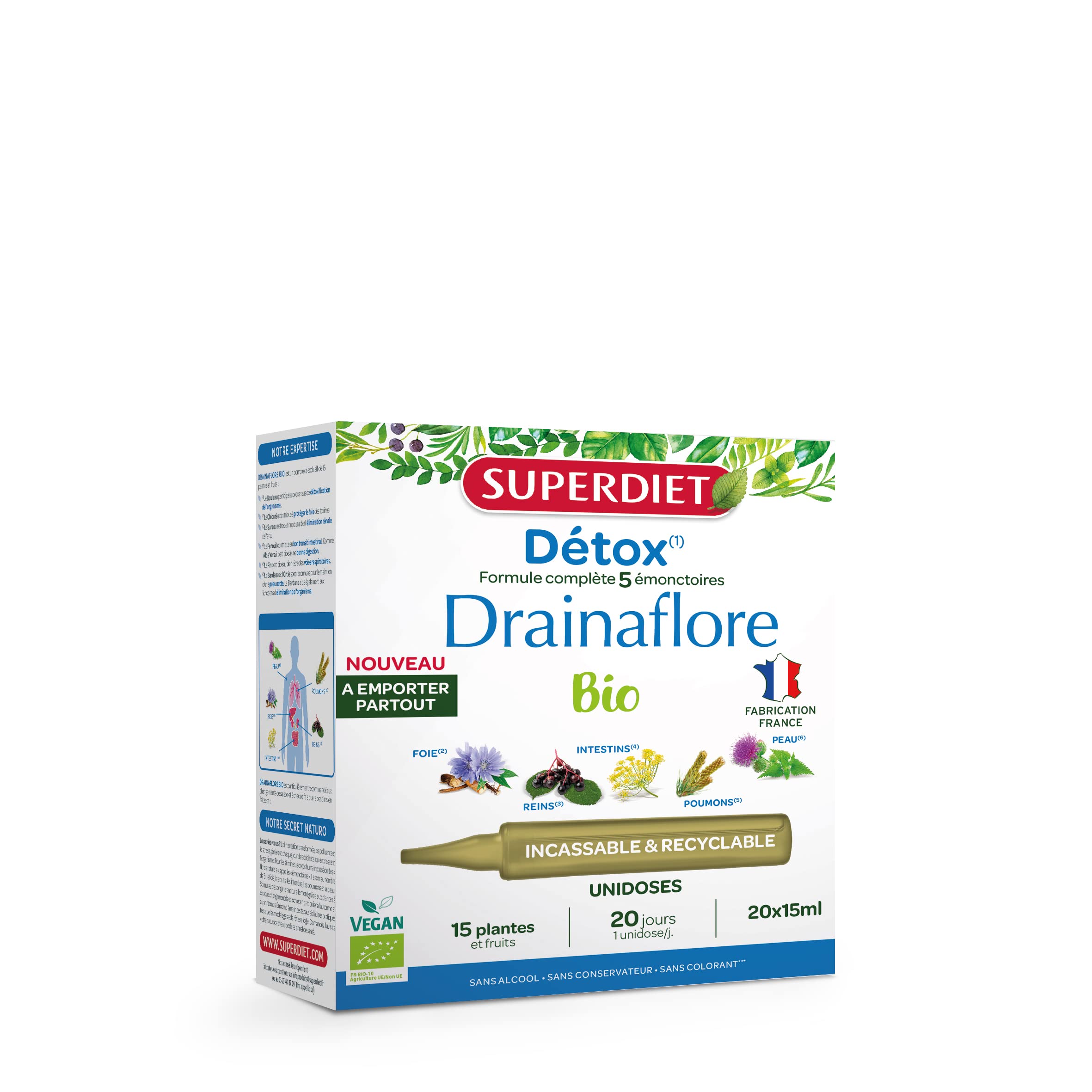 SUPERDIET- DRAINAFLORE BIO - Programme complet de détoxification des 5 émonctoires - Made in France -Format nomade-20 Unidoses de 15 ml