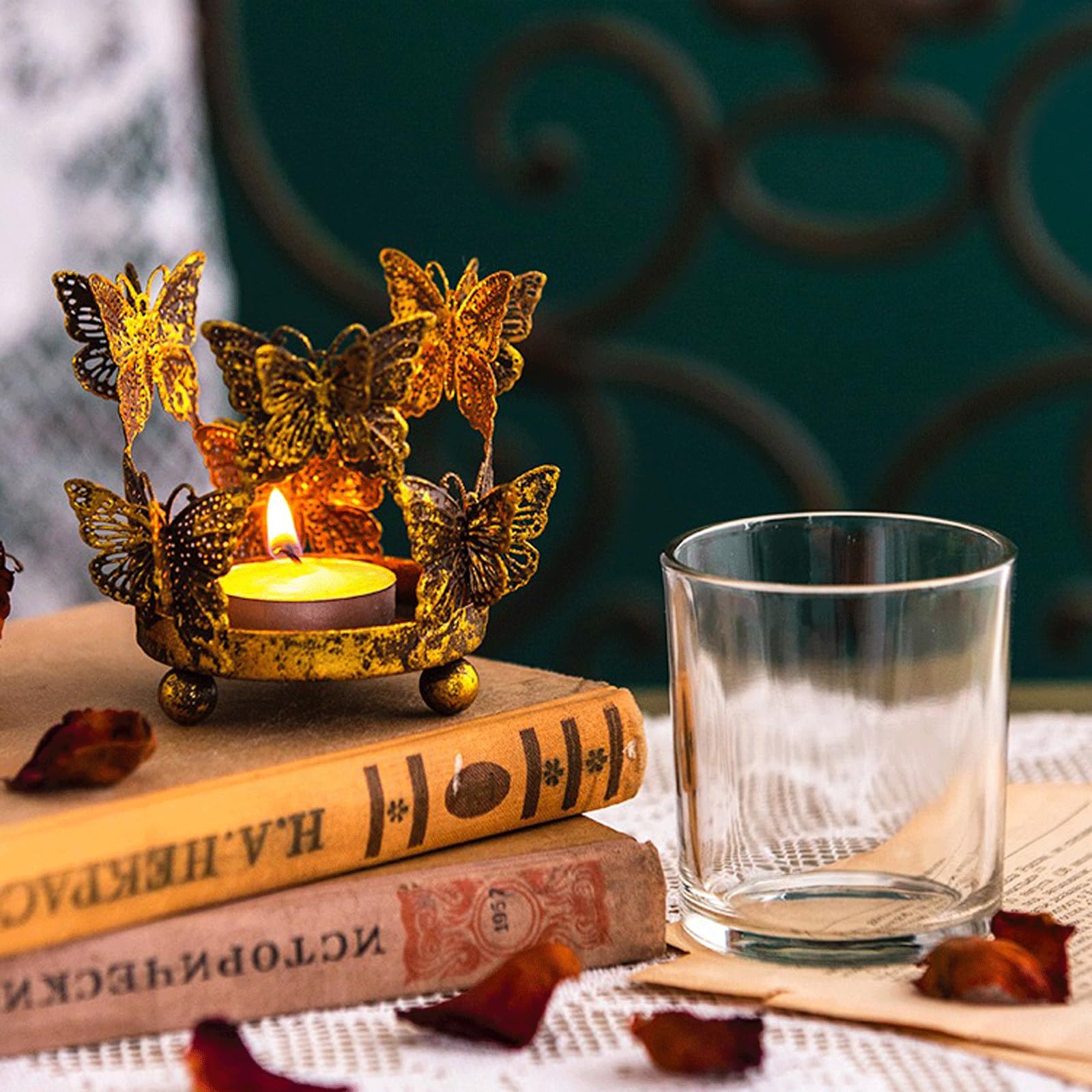 Portavelas de cristal dorado y hierro para decoración del hogar, 7 x 7 x 9,8 cm, ligero, 300 g, para centro de mesa, candelabro, candelabro, regalo para casa nueva