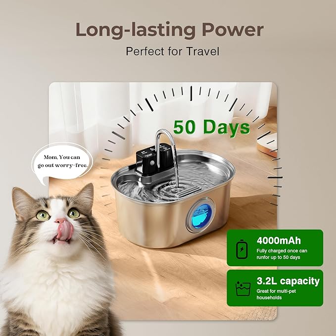 Fuente de Agua para Gatos Inalámbrica PEKTACO Acero Inoxidable, 3.2L miniatura 6
