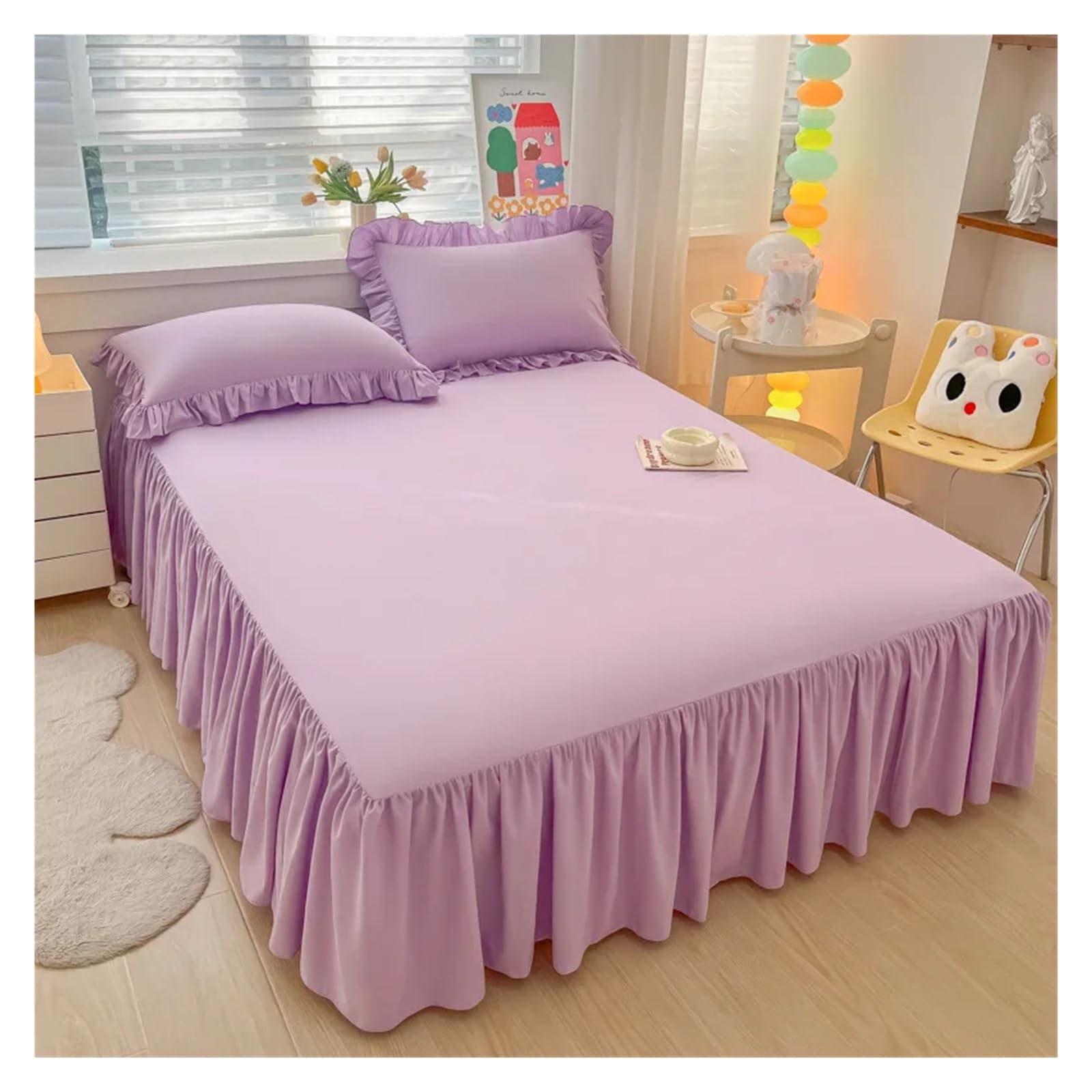 Elegant Princess BedSkirt Non-slip Mattress Cover Ruffled Lace Bedsheet Bed Cover Protector Home Bedspread Bed Skirt(Purple,1 pc skirt 180x200cm)