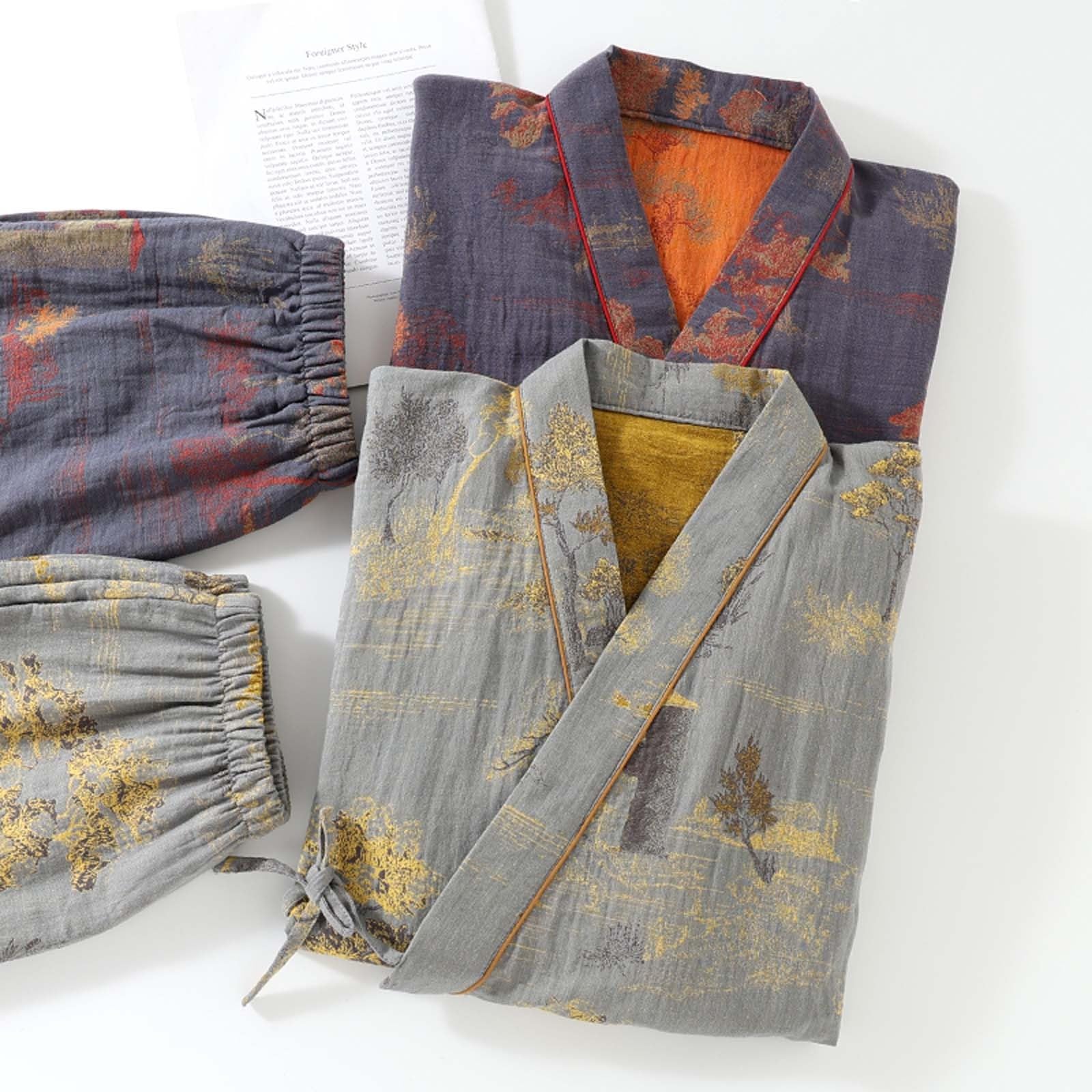 Vestaglia da donna, kimono giapponese, da uomo, con motivo a onde, kimono, pigiama con scollo a V, set di cappotti da sauna in cotone