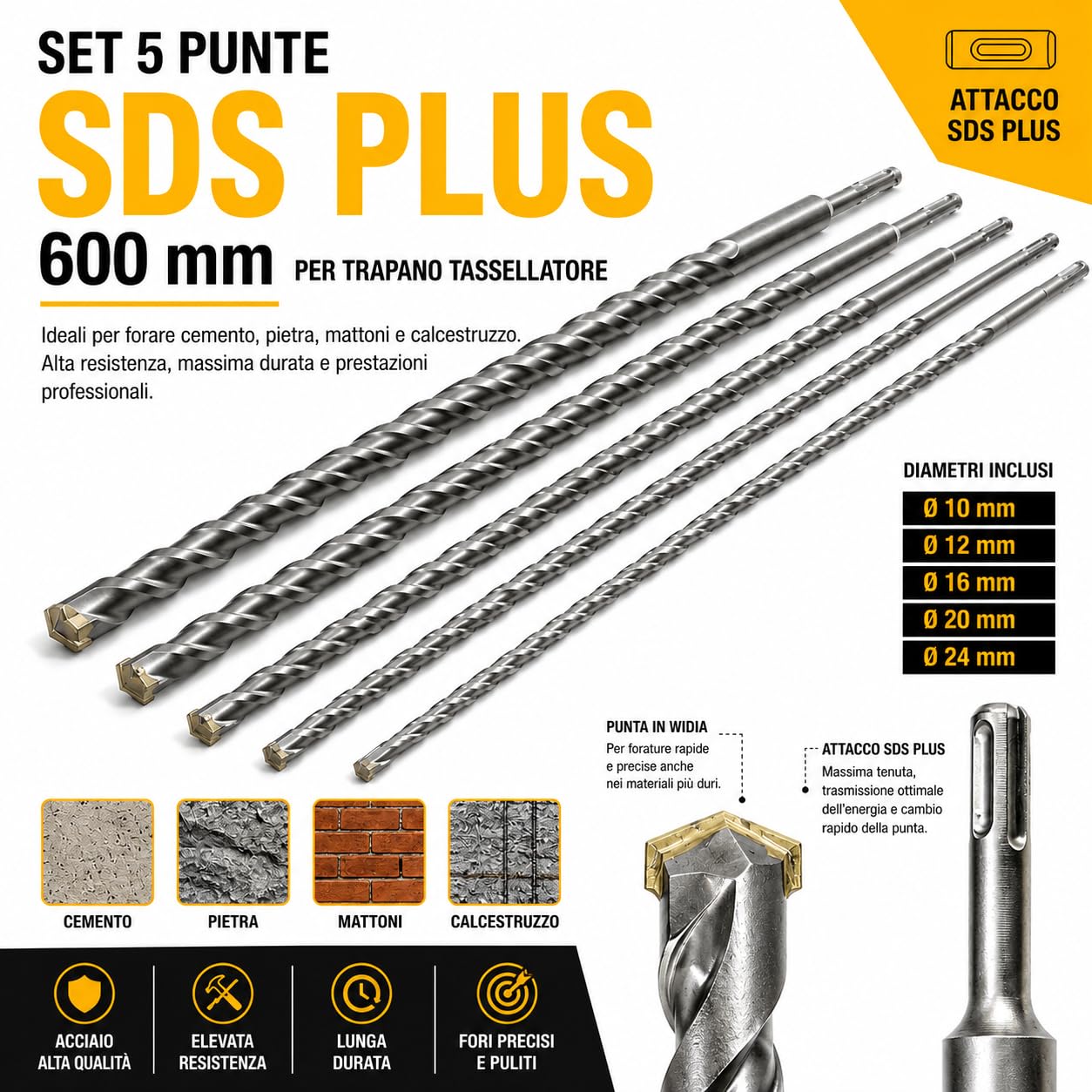 Lot de 5 forets SDS Plus 600 mm pour perceuse perforatrice - Diamètres 10, 12, 16, 20, 24 mm pour béton, pierre et béton - Haute résistance et durabilité