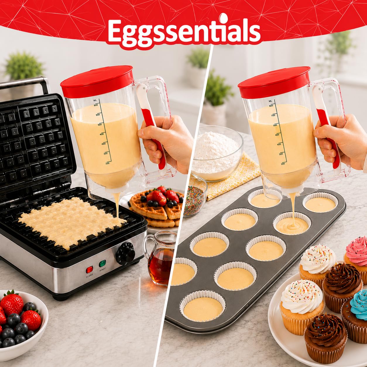 Eggssentials Dispensador de panqueques, dispensador de masa con mango para apretar, para cupcakes, panqueques, pasteles de galletas, gofres y separación de galletas.