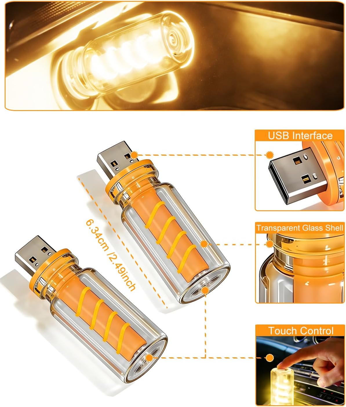 Touch Dimmable USB Night Light, Warm White Retro Mini LED Light Interior USB Atmosphere Lights for Car, Home, Camping,Party,Desktop, 2 Pack