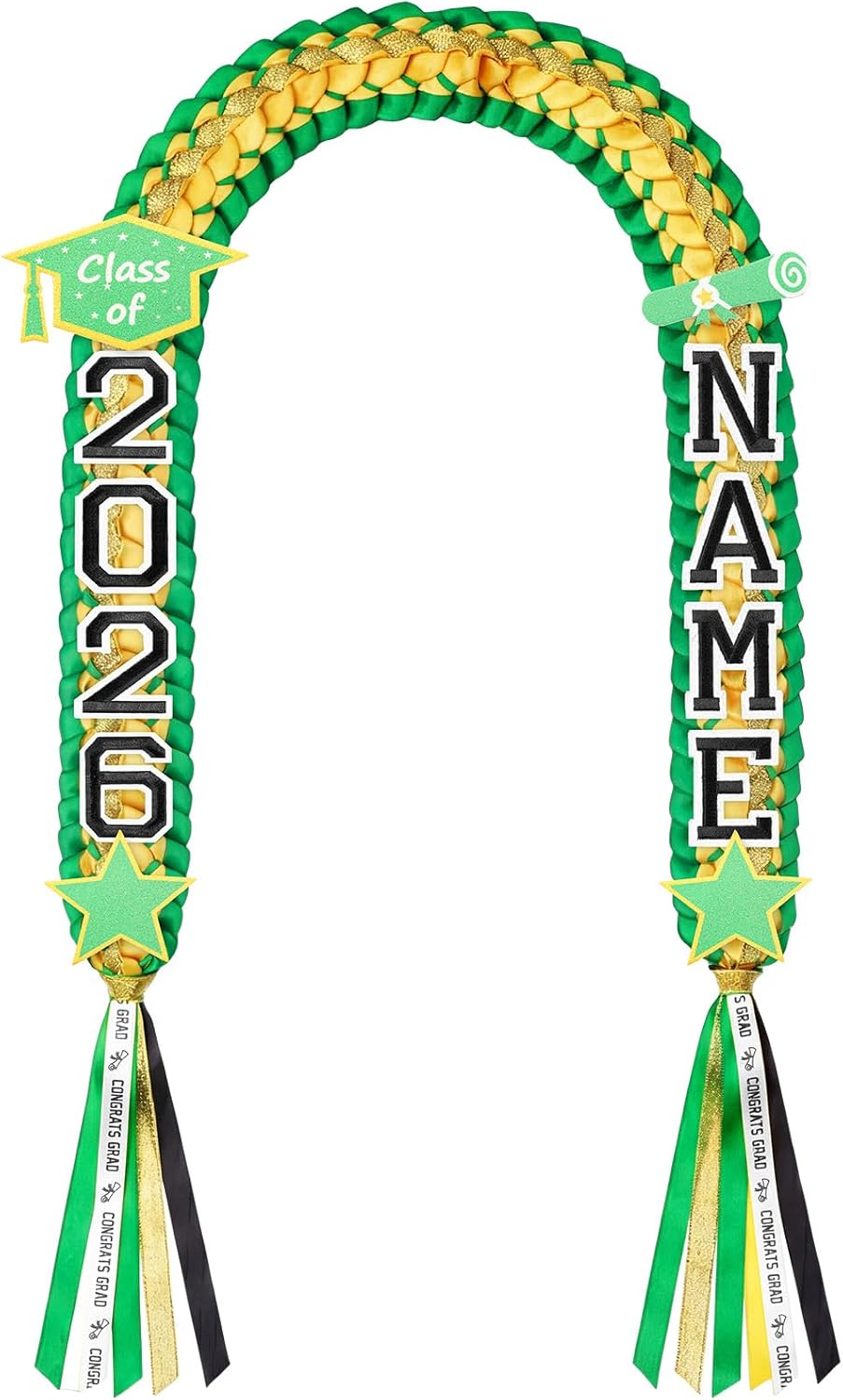 Juexica Graduation Lei Class of 2026, Graduation Ribbon Money Lei Personalized DIY Name Braided Necklace for Women Men Congrat Grad Party Gift Accessories(Green and Gold,2 Sets)