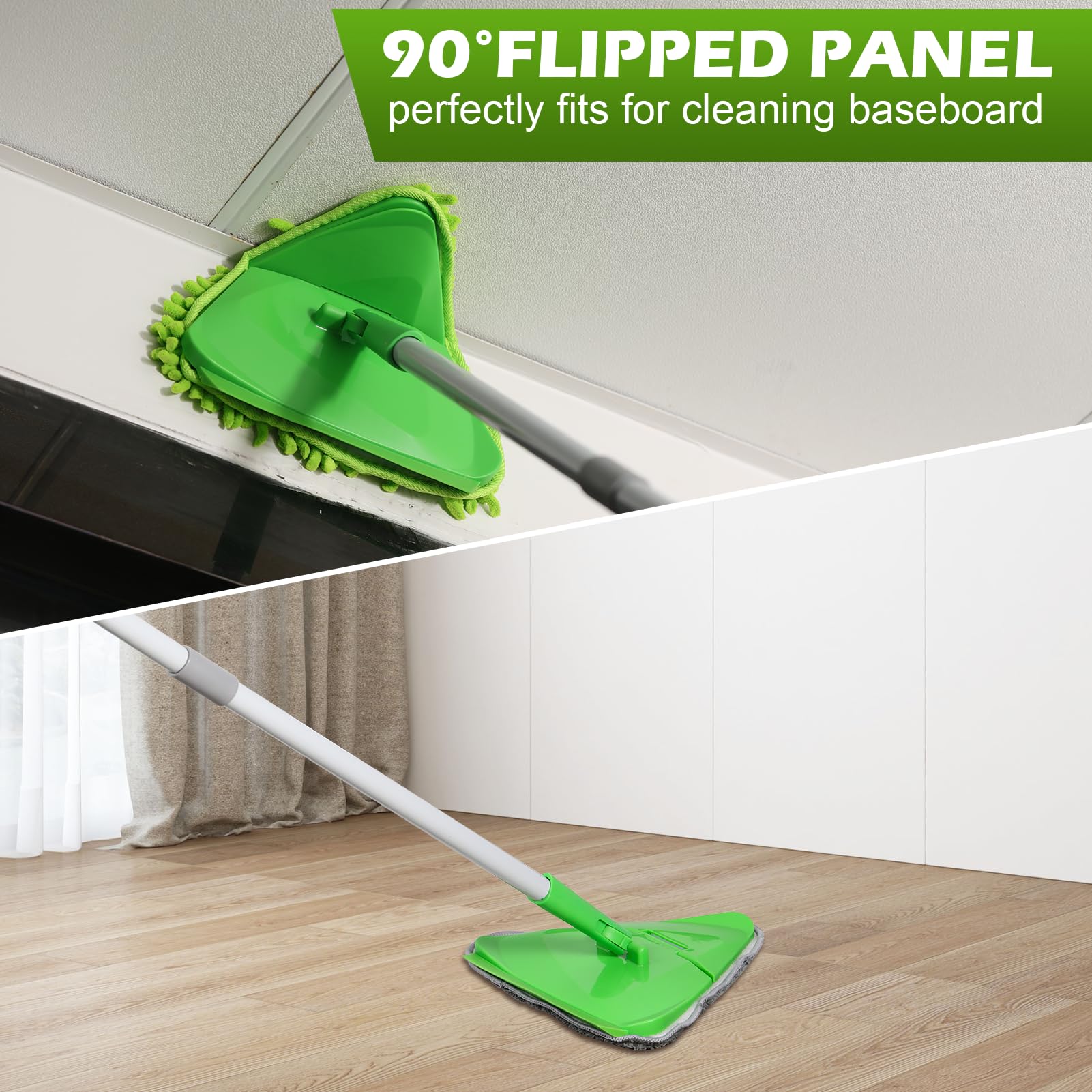 RONSUNG Mopa limpiadora de pared con mango largo de 82 pulgadas, herramienta de limpieza de zócalo, trapeador de polvo con 4 almohadillas de chenilla de microfibra de repuesto para techo, paredes