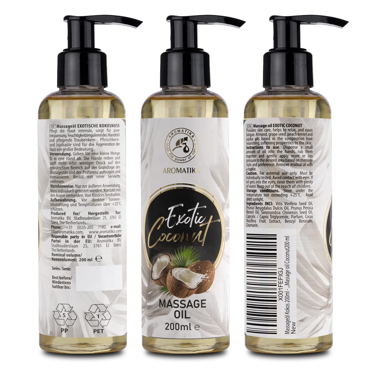 Massage oil Coconut 200ml - Body Oil with Jojoba, Almond, Grapeseed, Peach Kernel Oils - Aromatherapy, Relax, Good Sleep, Calming