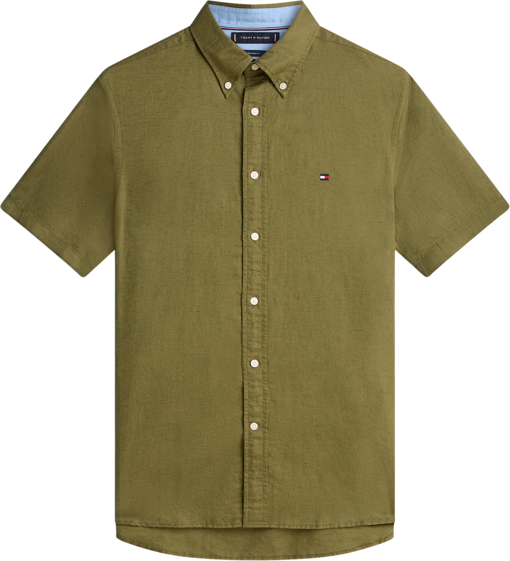 Tommy Hilfiger Herren Hemd Linen Blend Solid Kurzarm, Grün (Dark Artichoke), XS – Ansicht 6