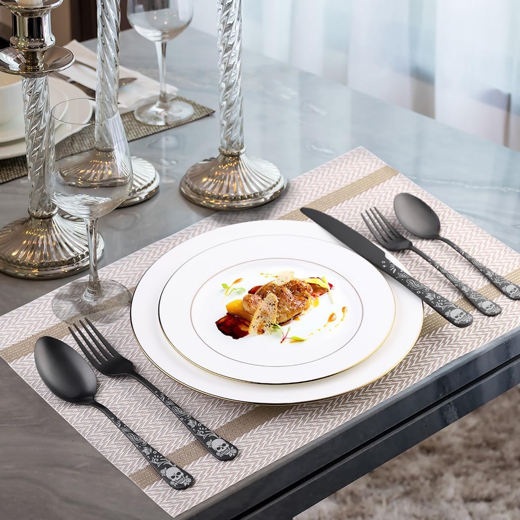 XIAOYU 20 Piece Black Bizarre Skull Flatware Set, Gothic Matte Silverware Set Serving for 4, Unique Skull/Flower/Butterfly Pattern Design, Halloween Cutlery Set Festival Tableware Utensils