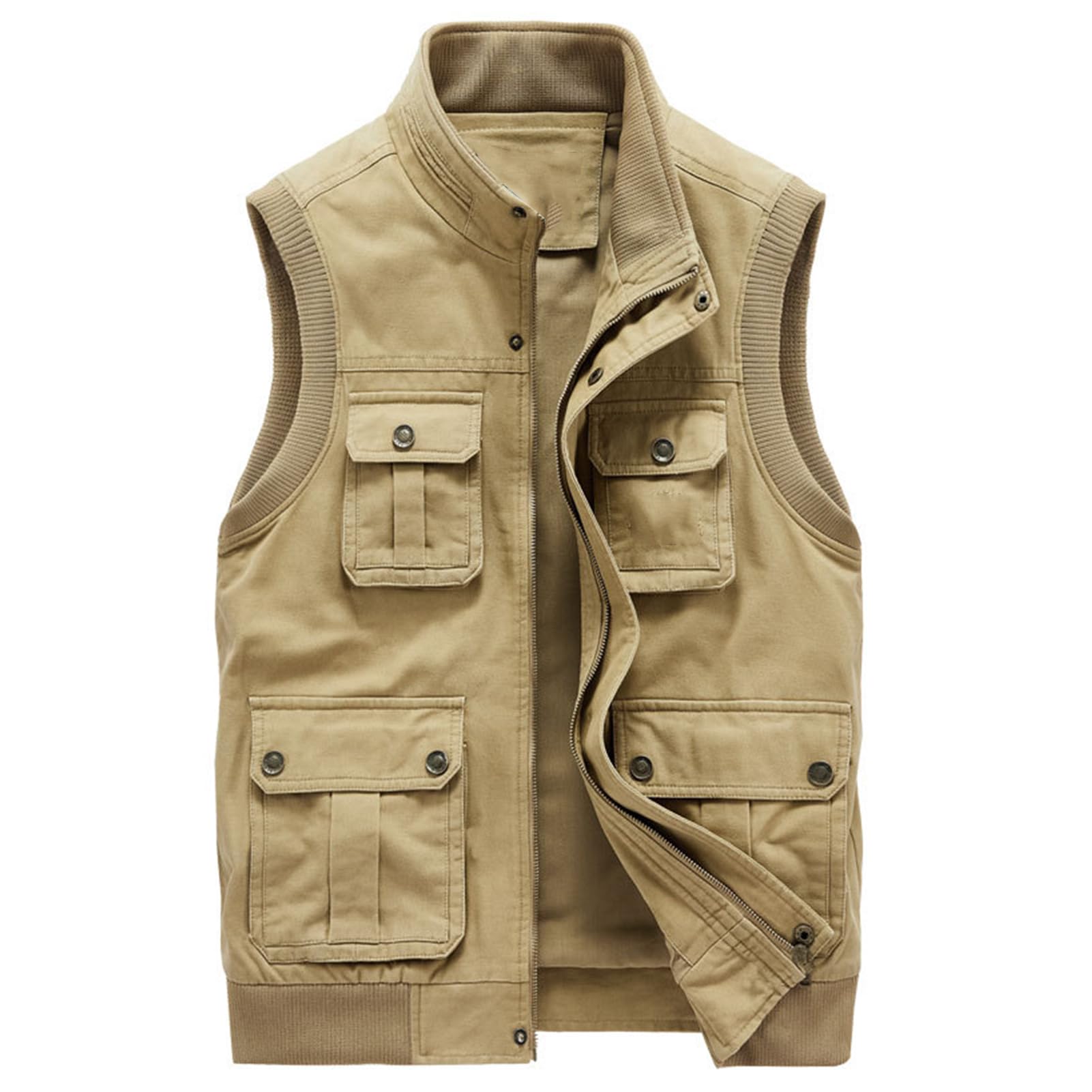 Uomo Vest Multi Tasca Smanicato Panciotto All'aperto Cotone Giacca Pesca Giubbotto Sport Panciotto Cappotto Traspirante Fotografia Campeggio Outwear Top Khaki-XXL